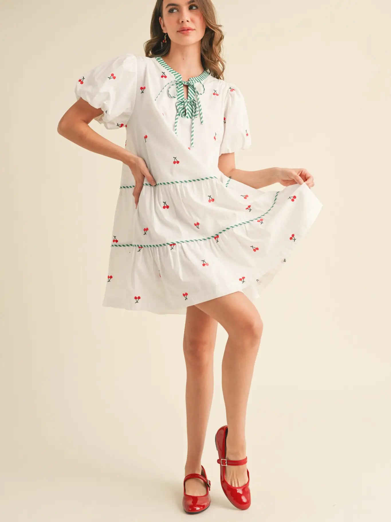 Fruit Embroidery Puff Sleeve Mini Dress