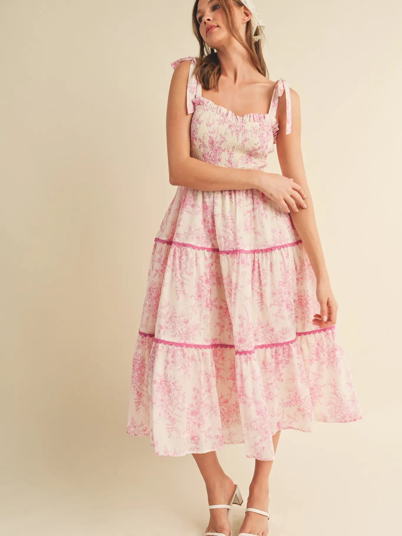 Tiered Lace Trim Floral Midi Dress