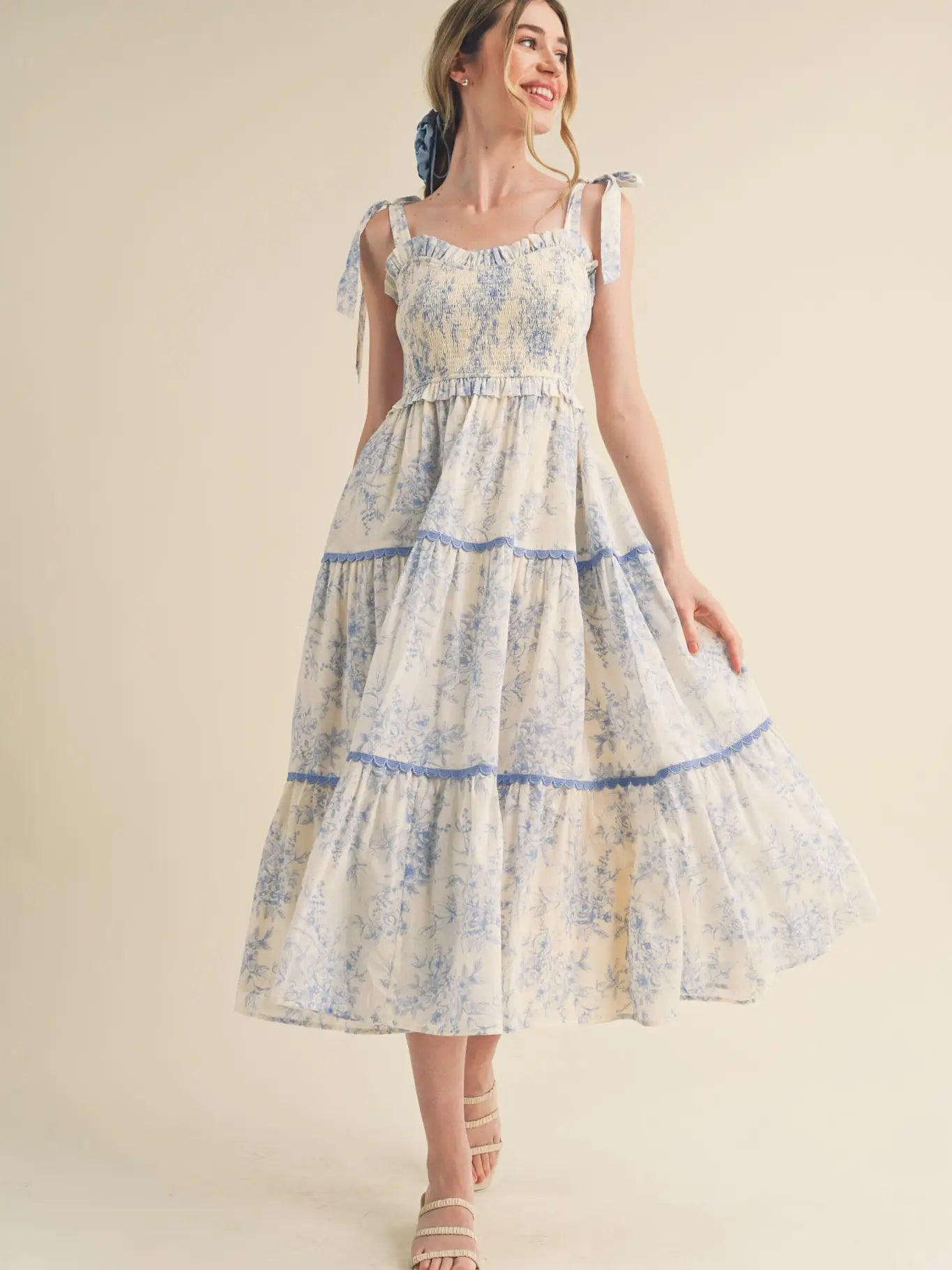 Tiered Lace Trim Floral Midi Dress