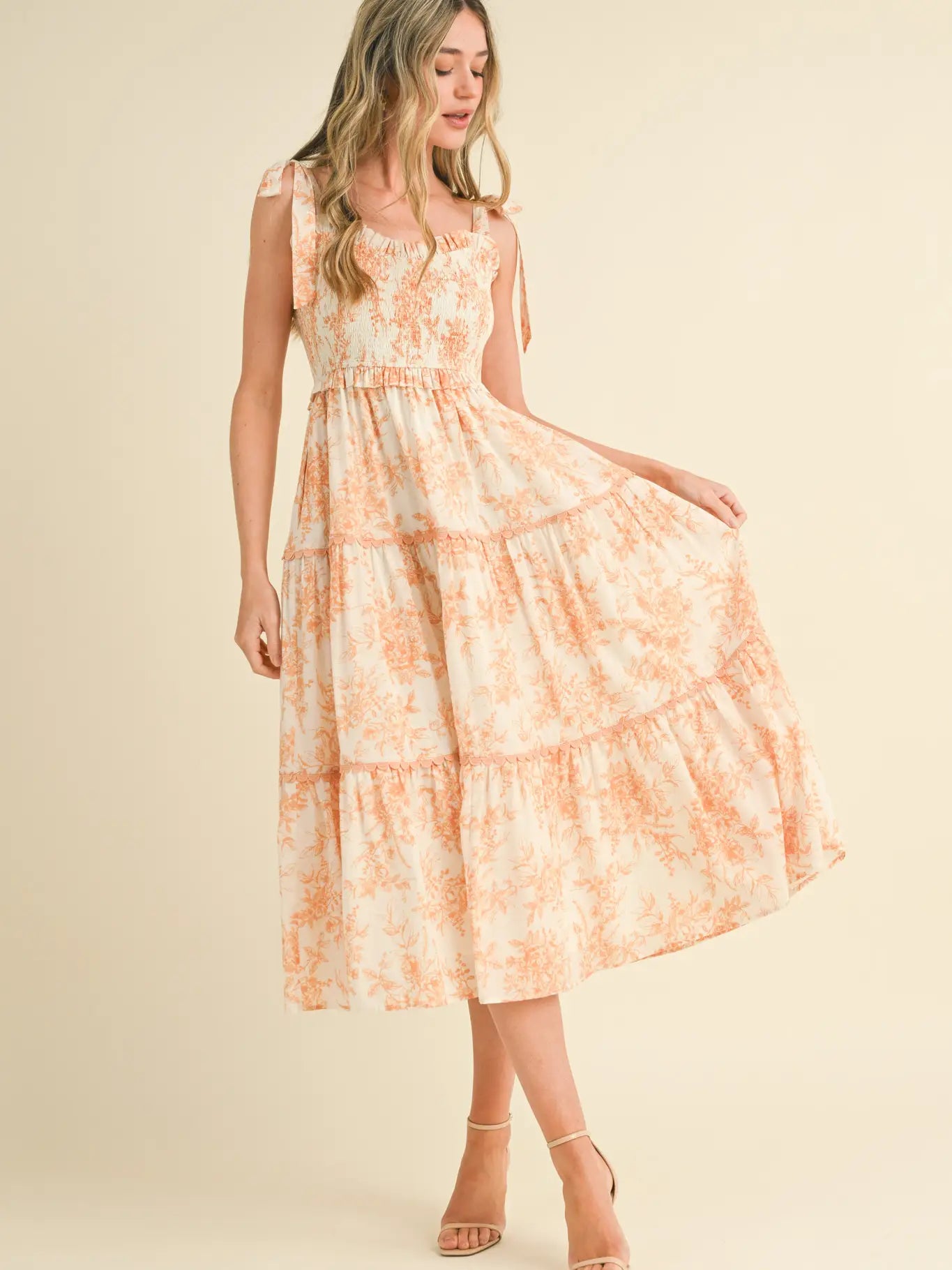 Tiered Lace Trim Floral Midi Dress