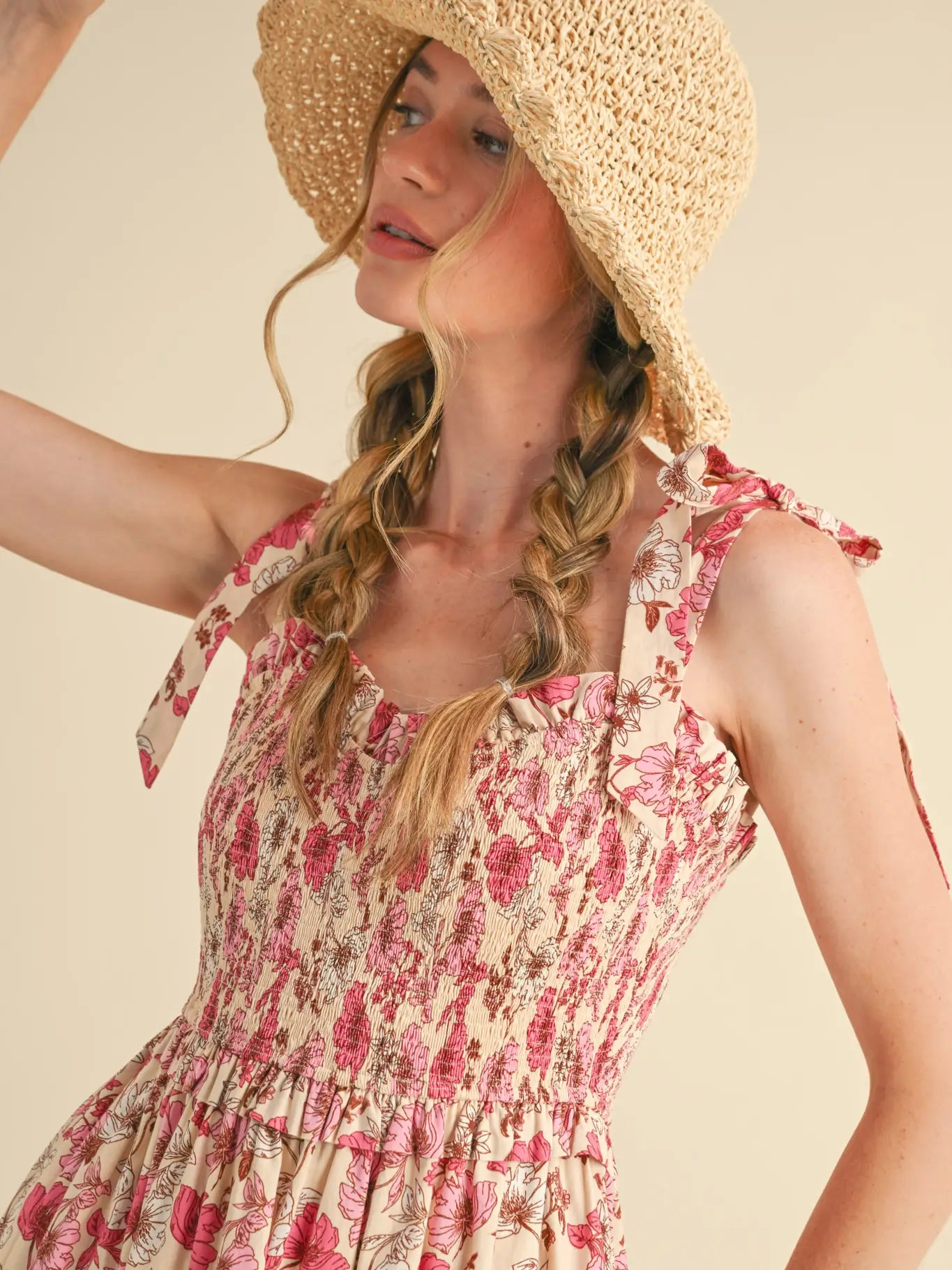 Floral Smocked Ruffled Lace Trim Midi Dress