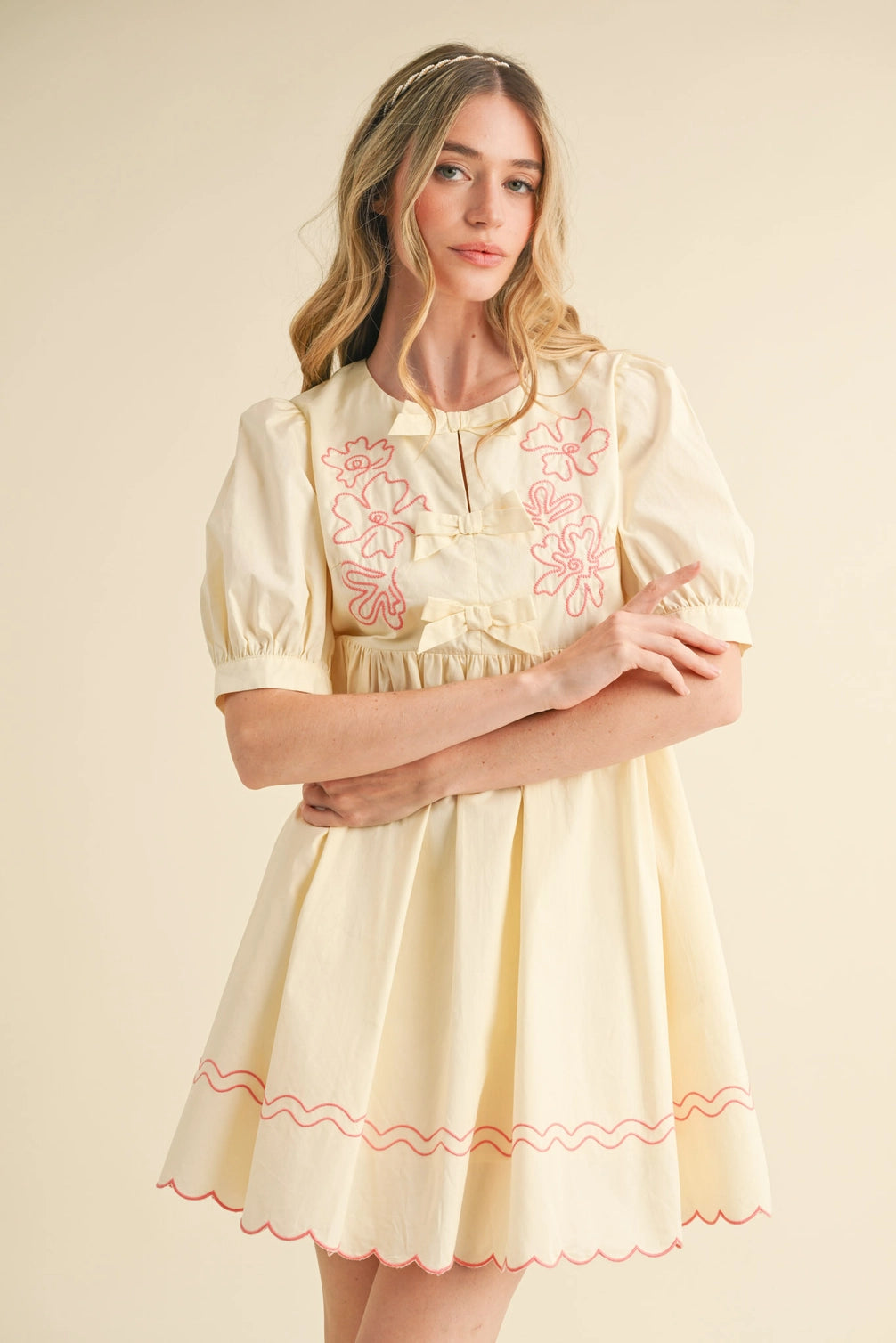 Floral Embroidery Bow Detail Mini Dress