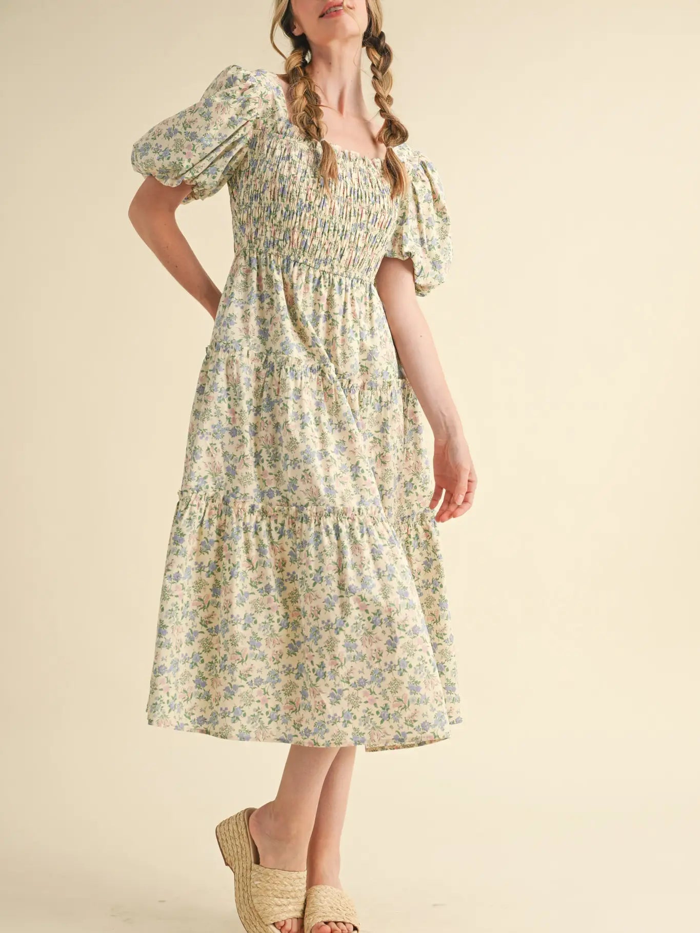 Smocked Tiered Ruffle Midi Dress
