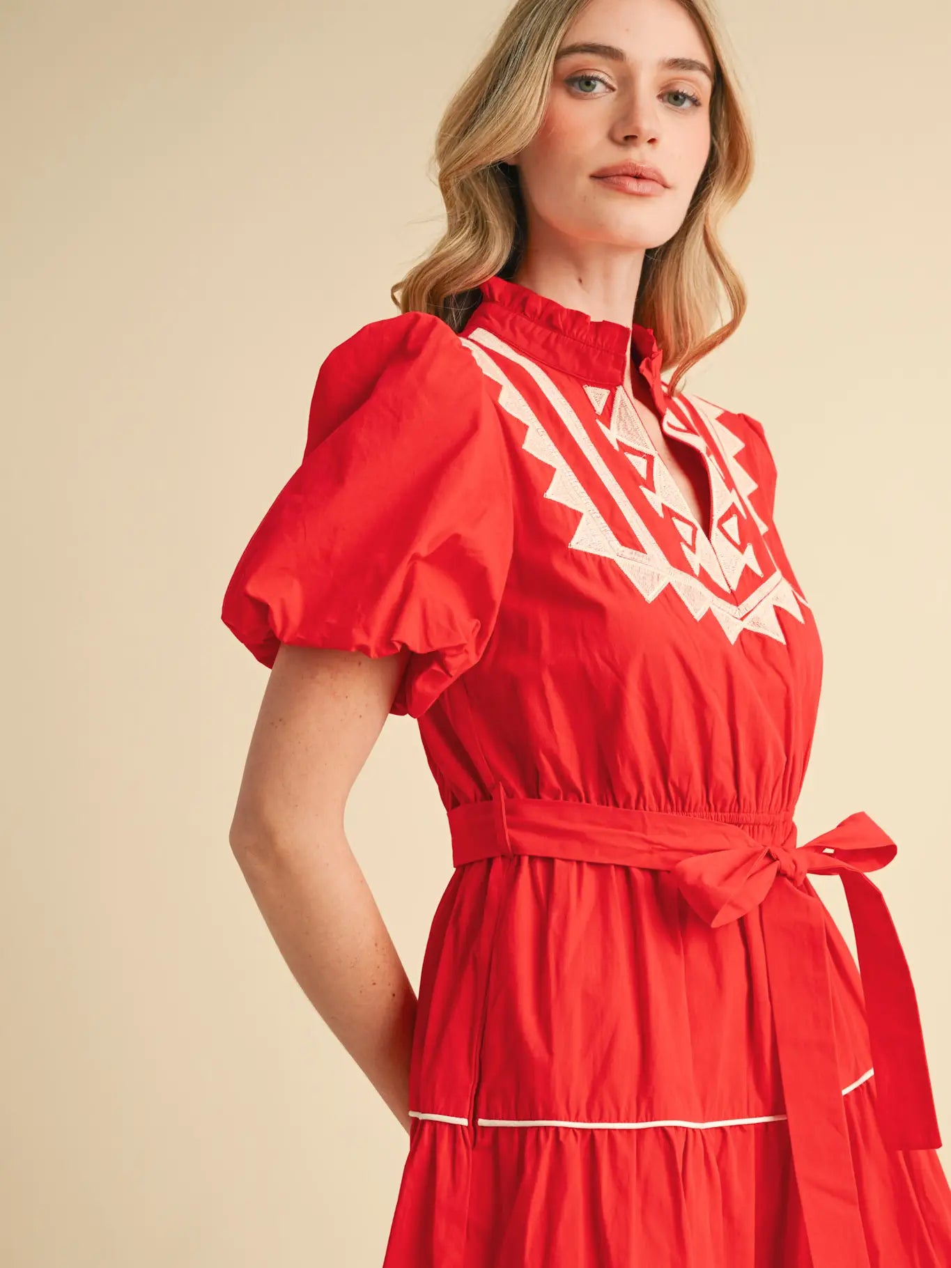 Embroidered Puff Sleeve Tiered Midi Dress