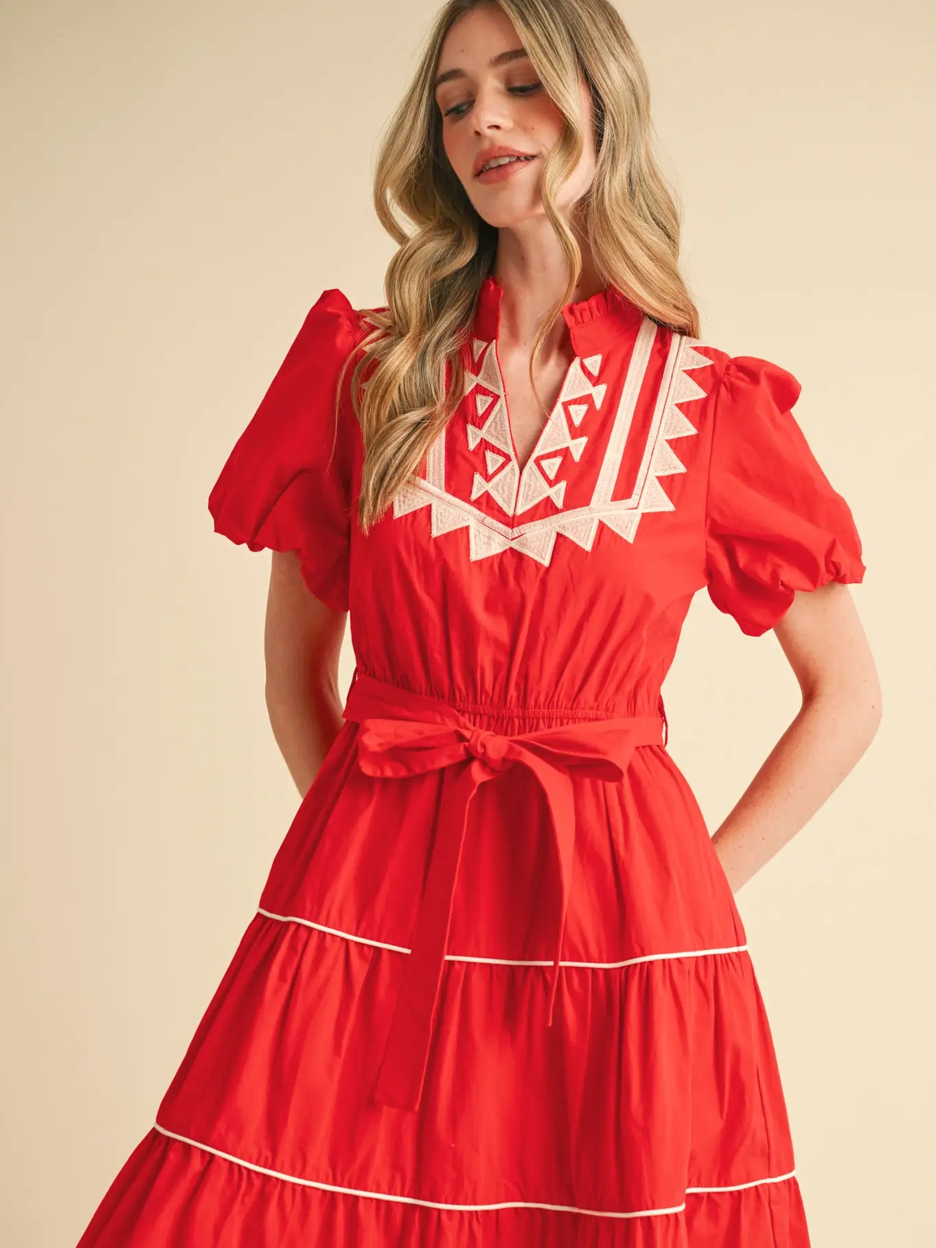 Embroidered Puff Sleeve Tiered Midi Dress