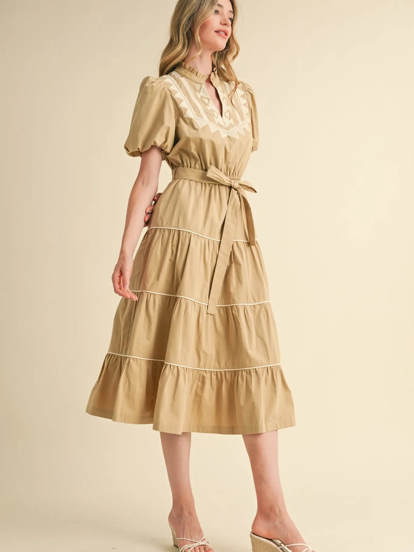 Embroidered Puff Sleeve Tiered Midi Dress