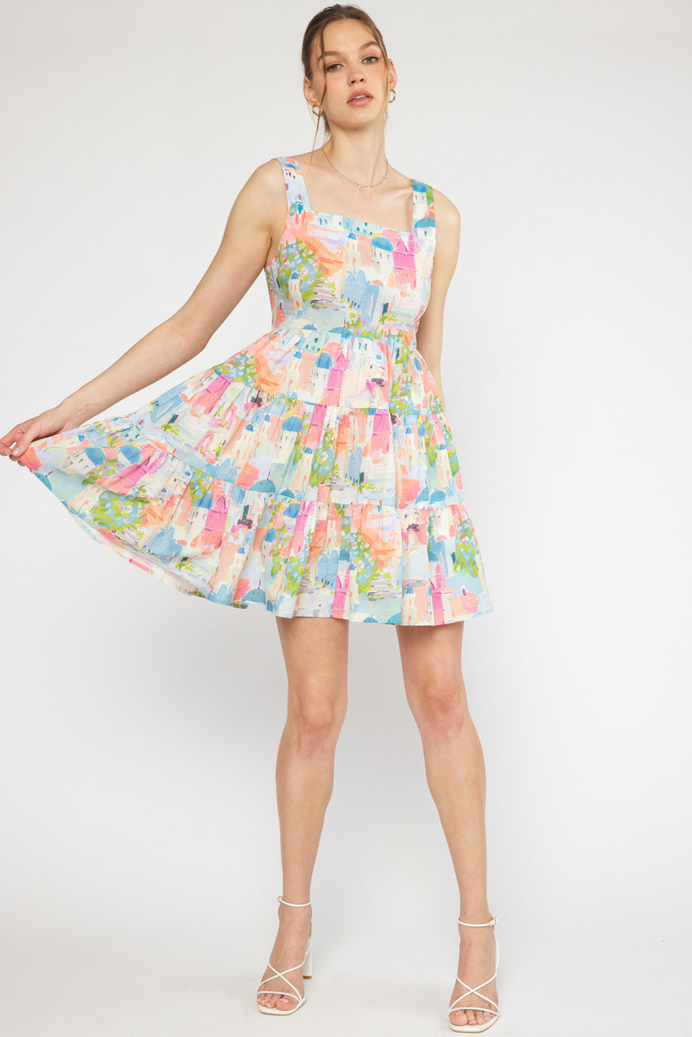 Print square neck sleeveless tiered mini dress featuring adjustable straps