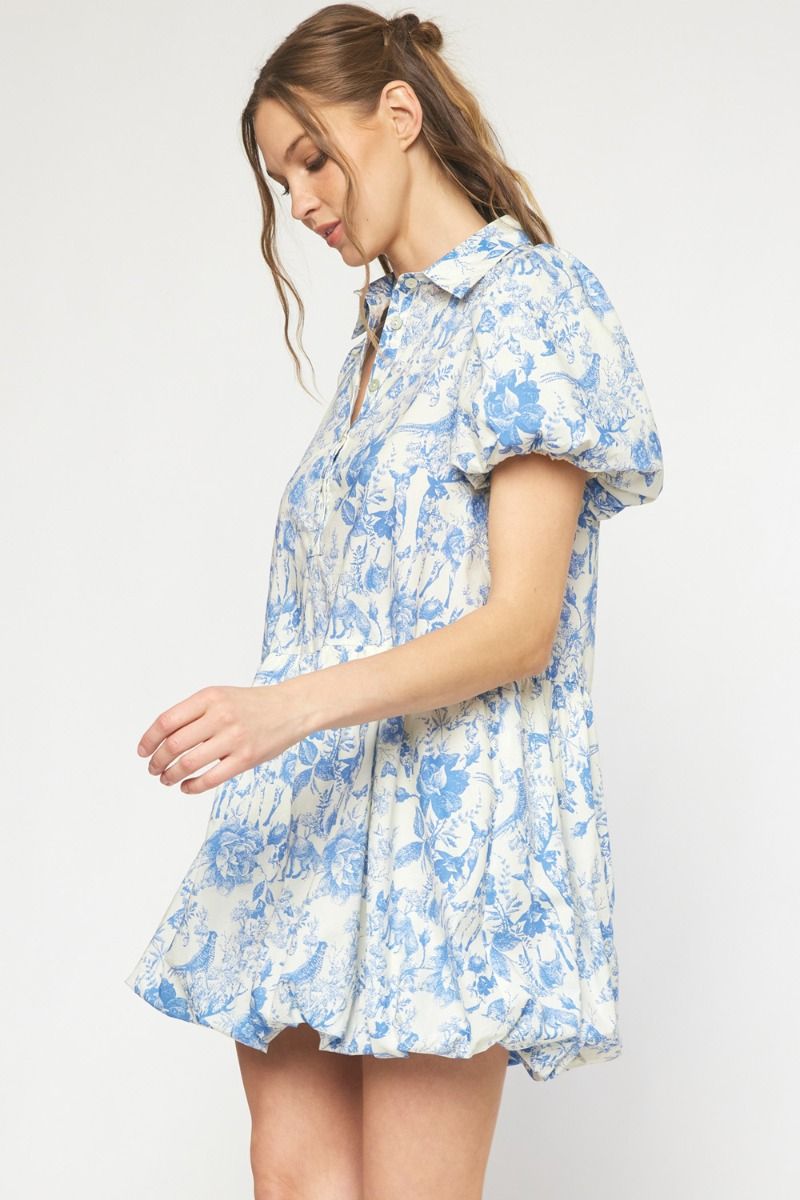 Antique print collared button up dress featuring bubble hem