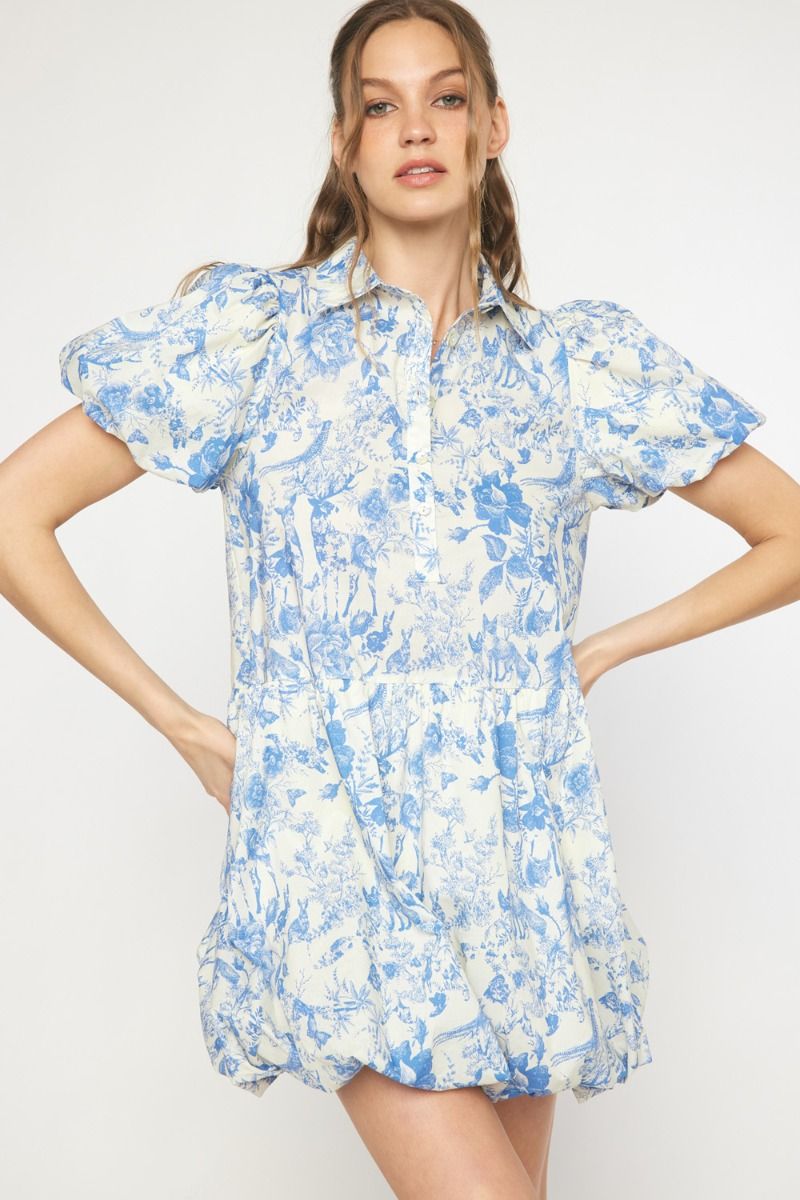 Antique print collared button up dress featuring bubble hem