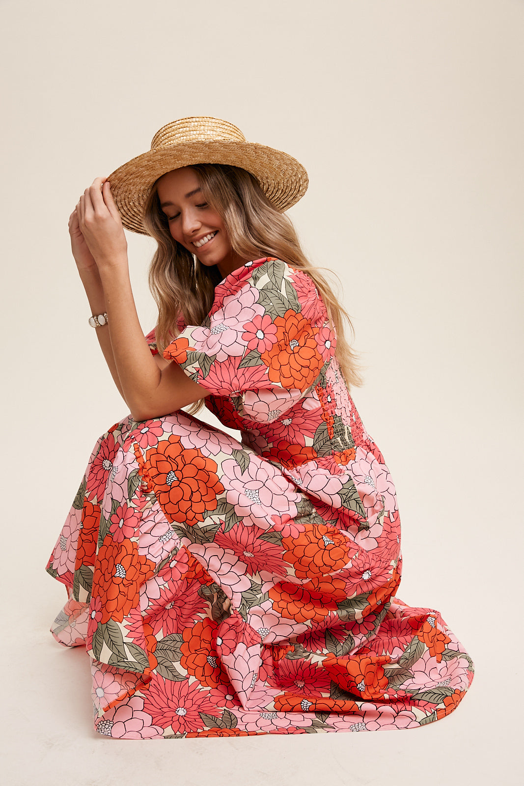 Flower Print Puff Sleeve Tiered Midi Dress