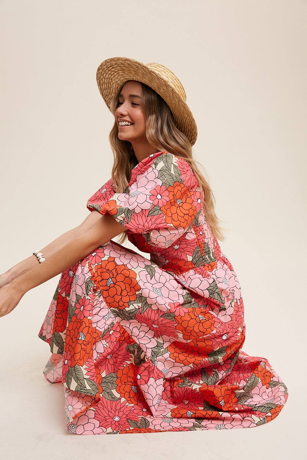 Flower Print Puff Sleeve Tiered Midi Dress