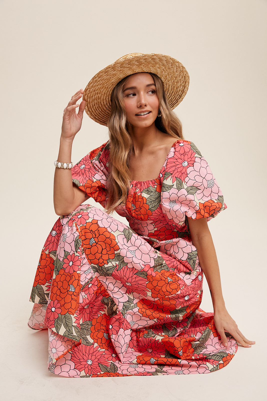 Flower Print Puff Sleeve Tiered Midi Dress