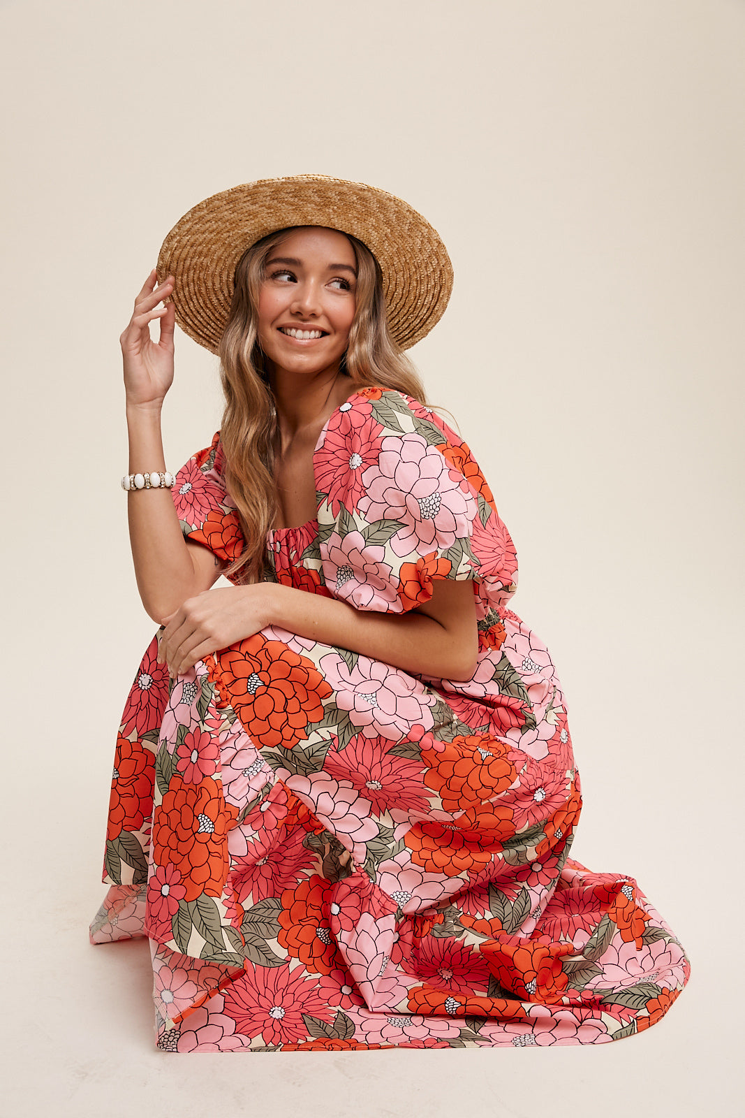 Flower Print Puff Sleeve Tiered Midi Dress