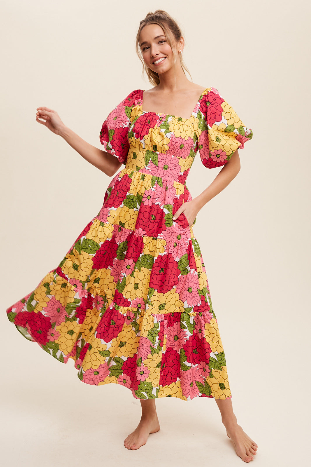 Flower Print Puff Sleeve Tiered Midi Dress