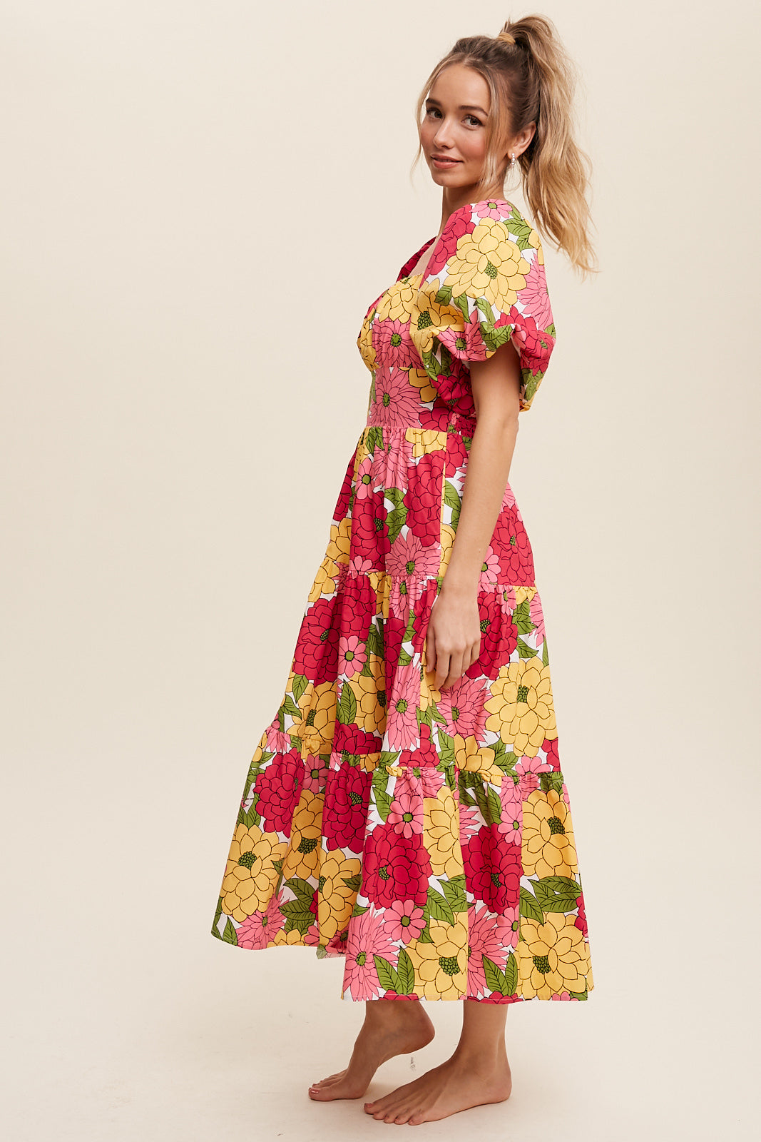Flower Print Puff Sleeve Tiered Midi Dress