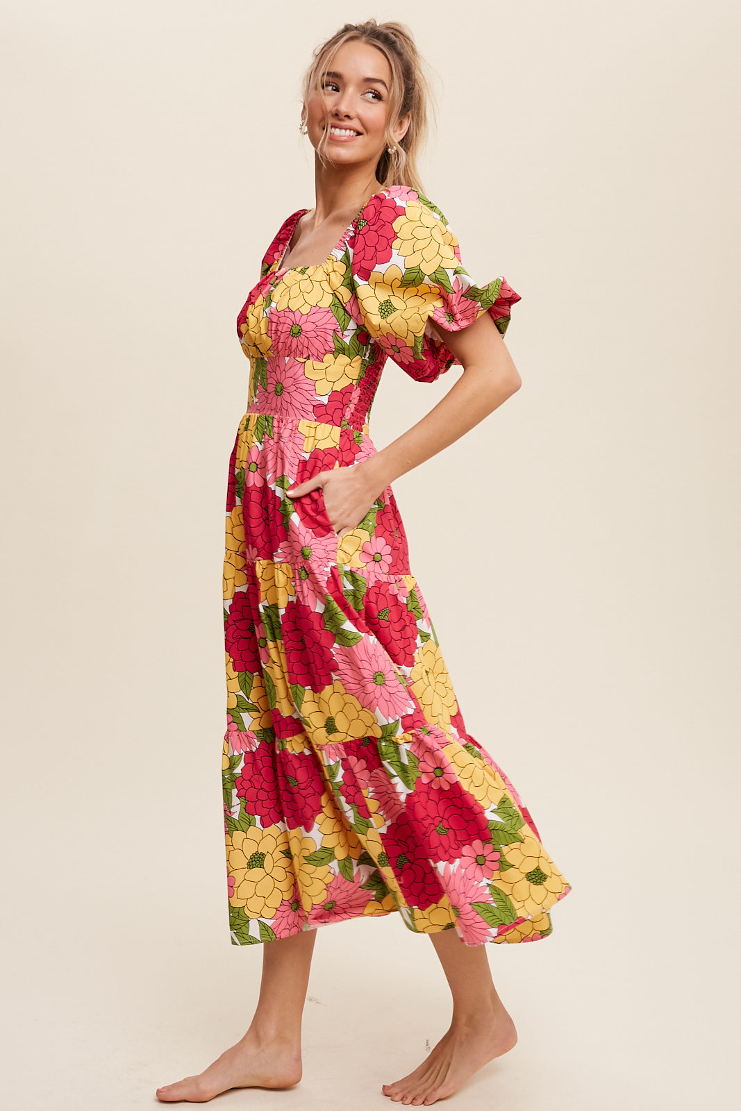 Flower Print Puff Sleeve Tiered Midi Dress