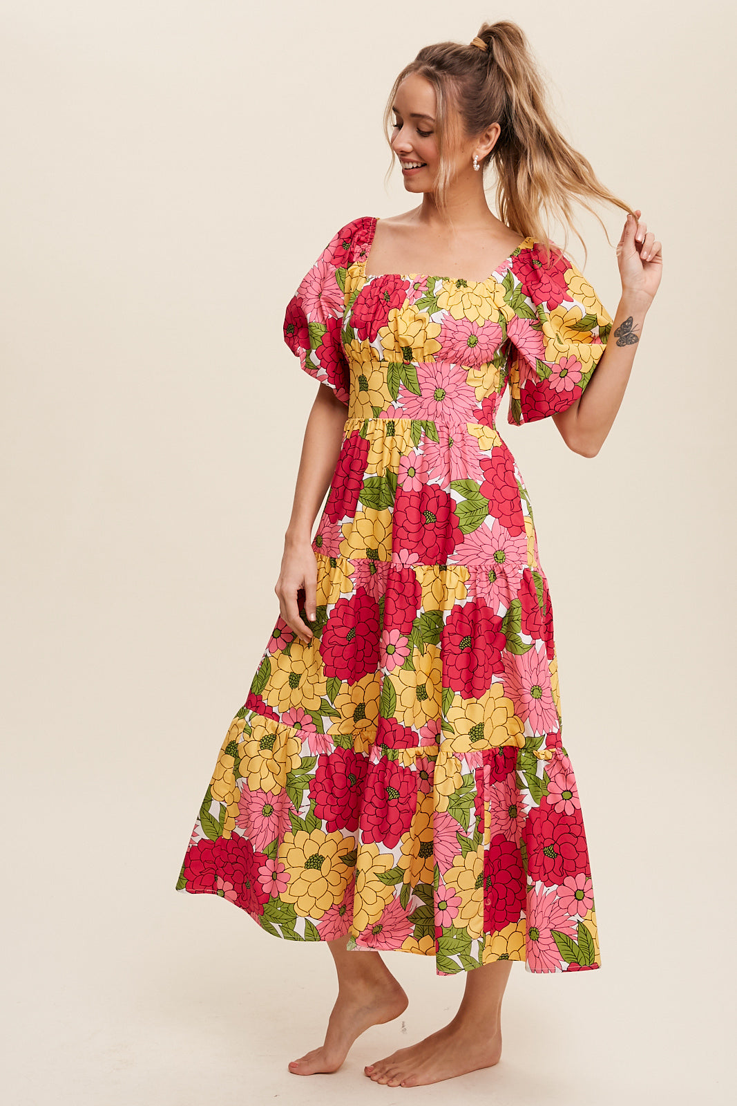 Flower Print Puff Sleeve Tiered Midi Dress