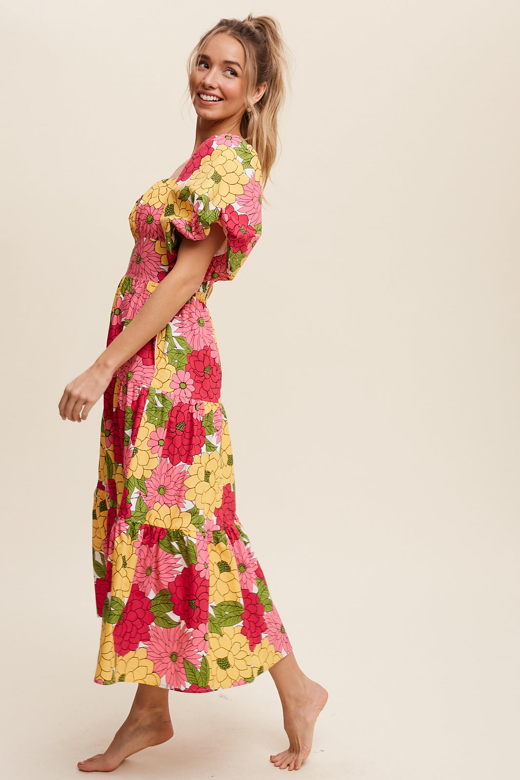 Flower Print Puff Sleeve Tiered Midi Dress