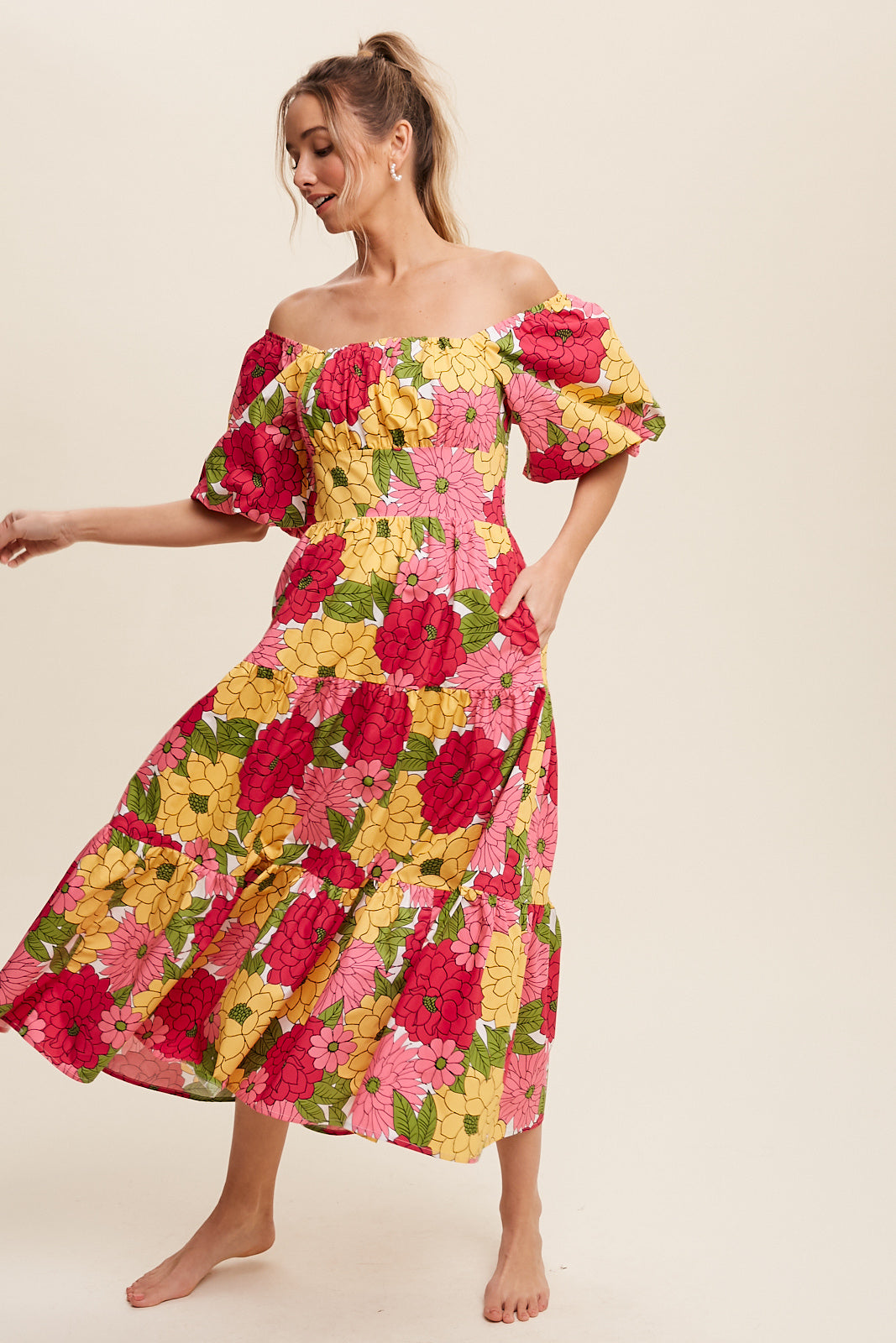 Flower Print Puff Sleeve Tiered Midi Dress