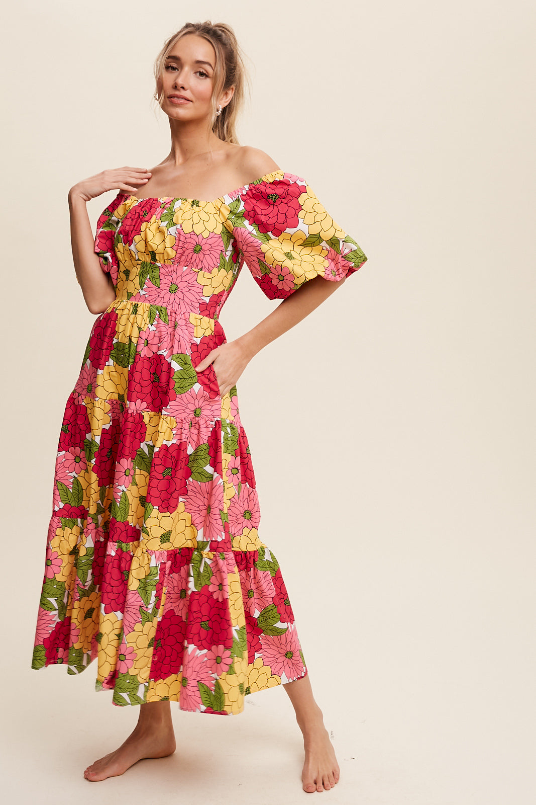 Flower Print Puff Sleeve Tiered Midi Dress