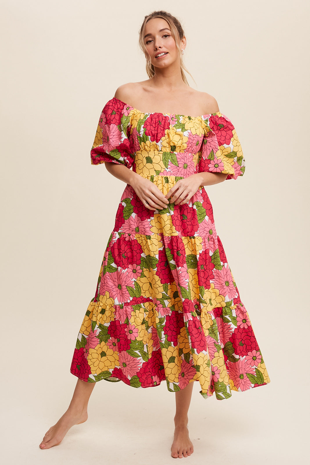 Flower Print Puff Sleeve Tiered Midi Dress