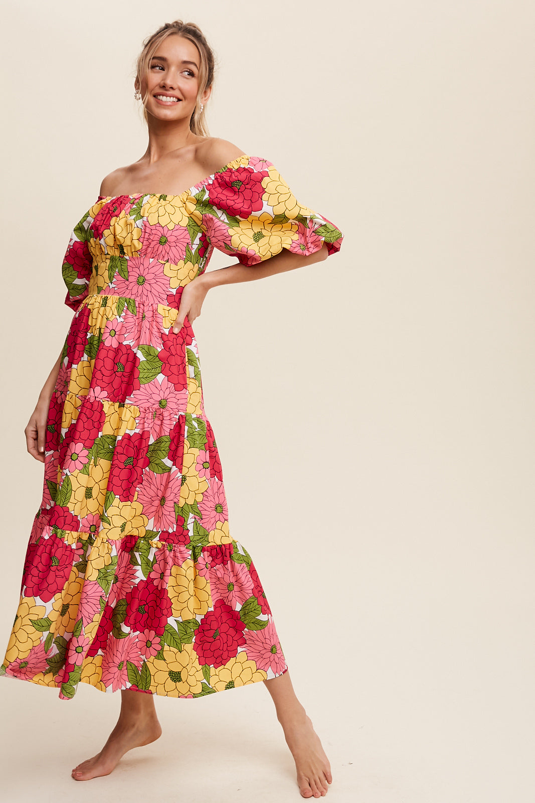 Flower Print Puff Sleeve Tiered Midi Dress