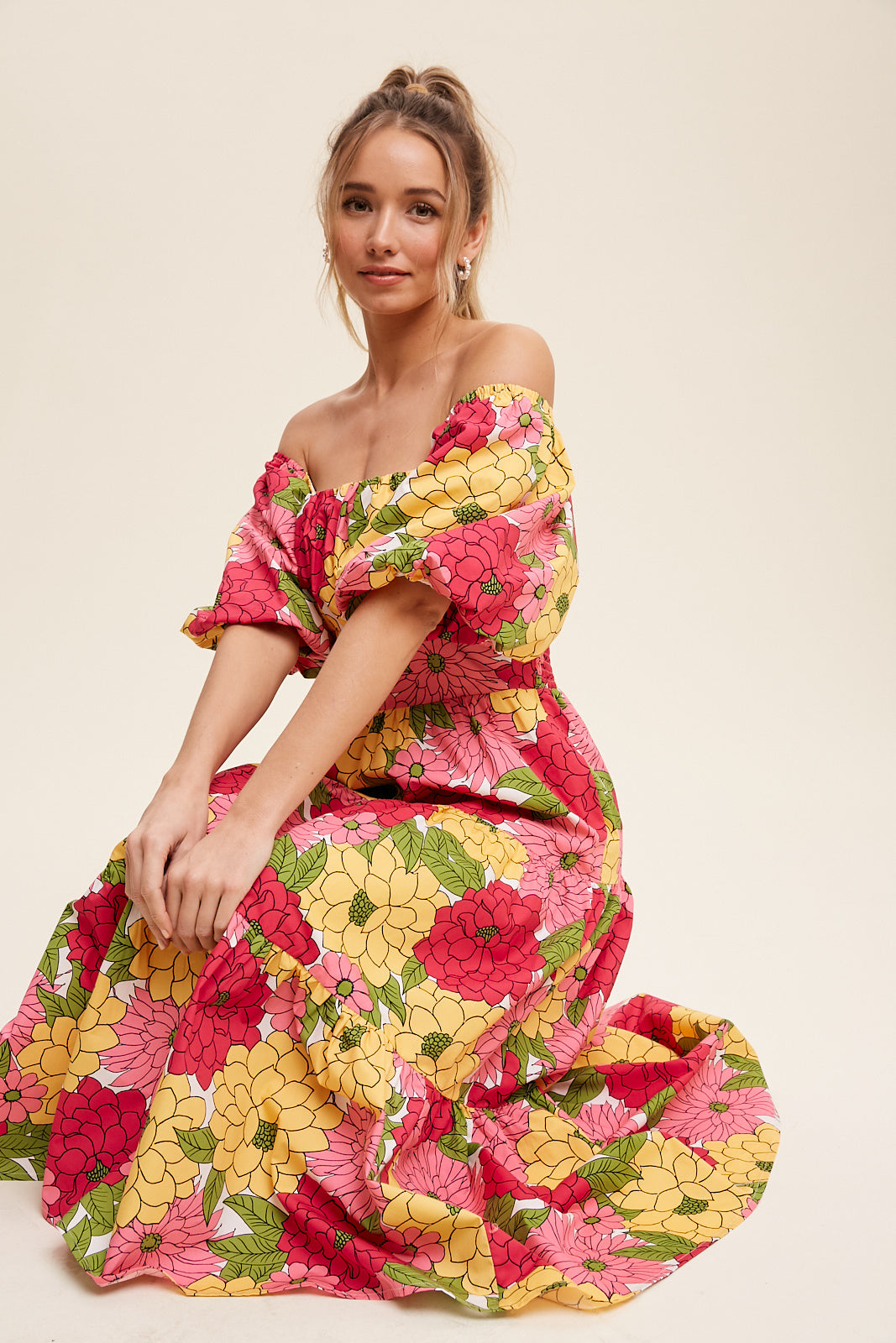 Flower Print Puff Sleeve Tiered Midi Dress