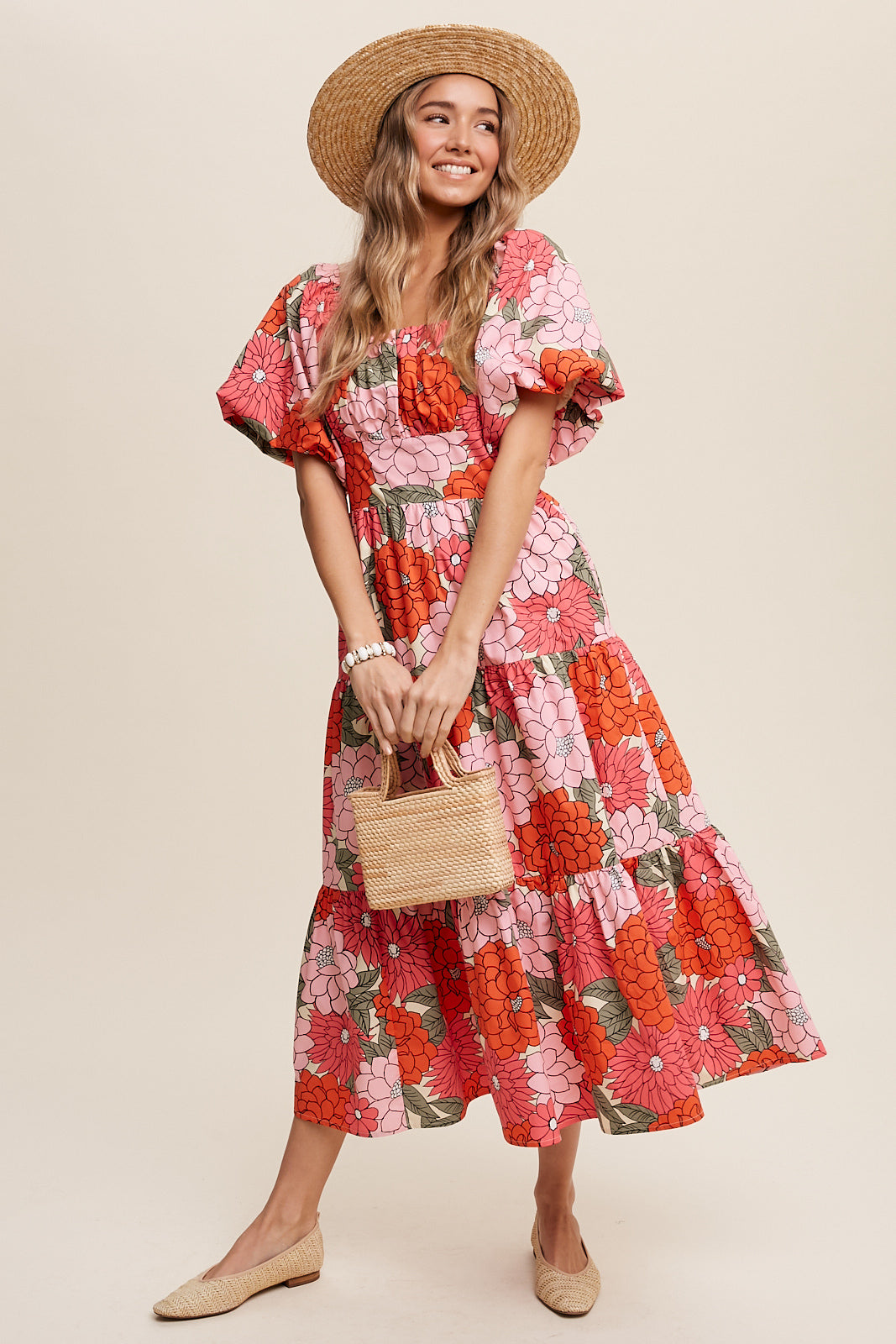 Flower Print Puff Sleeve Tiered Midi Dress