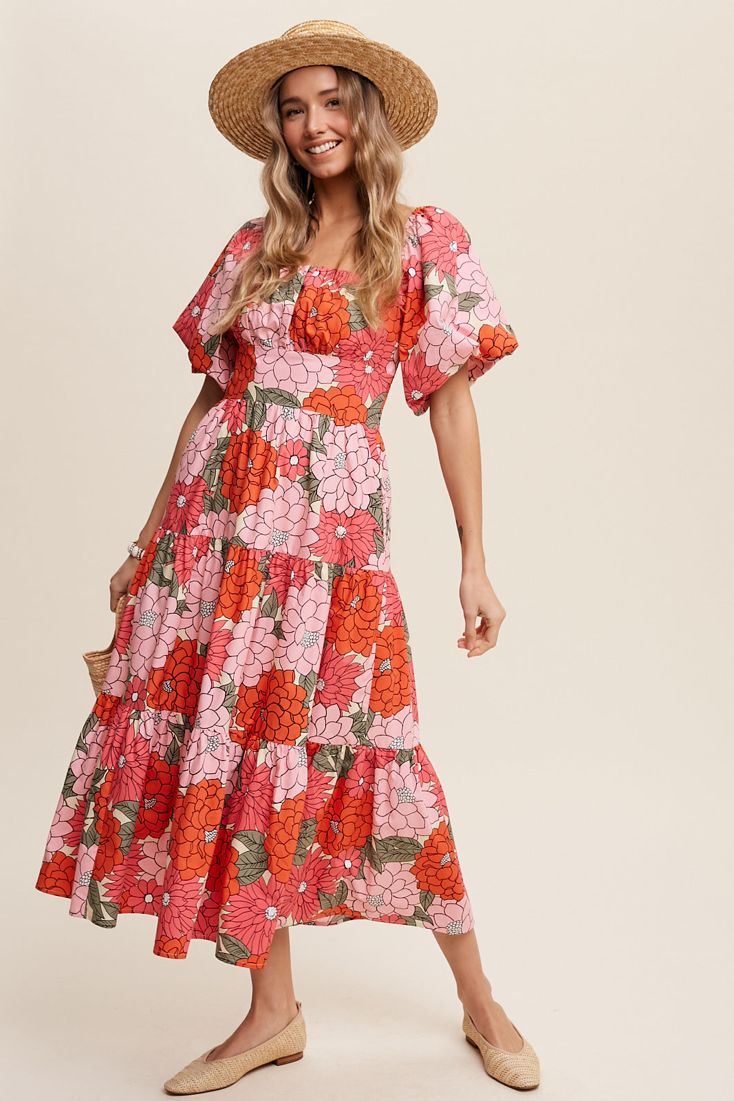 Flower Print Puff Sleeve Tiered Midi Dress