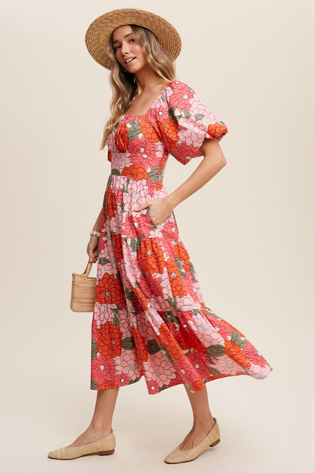 Flower Print Puff Sleeve Tiered Midi Dress