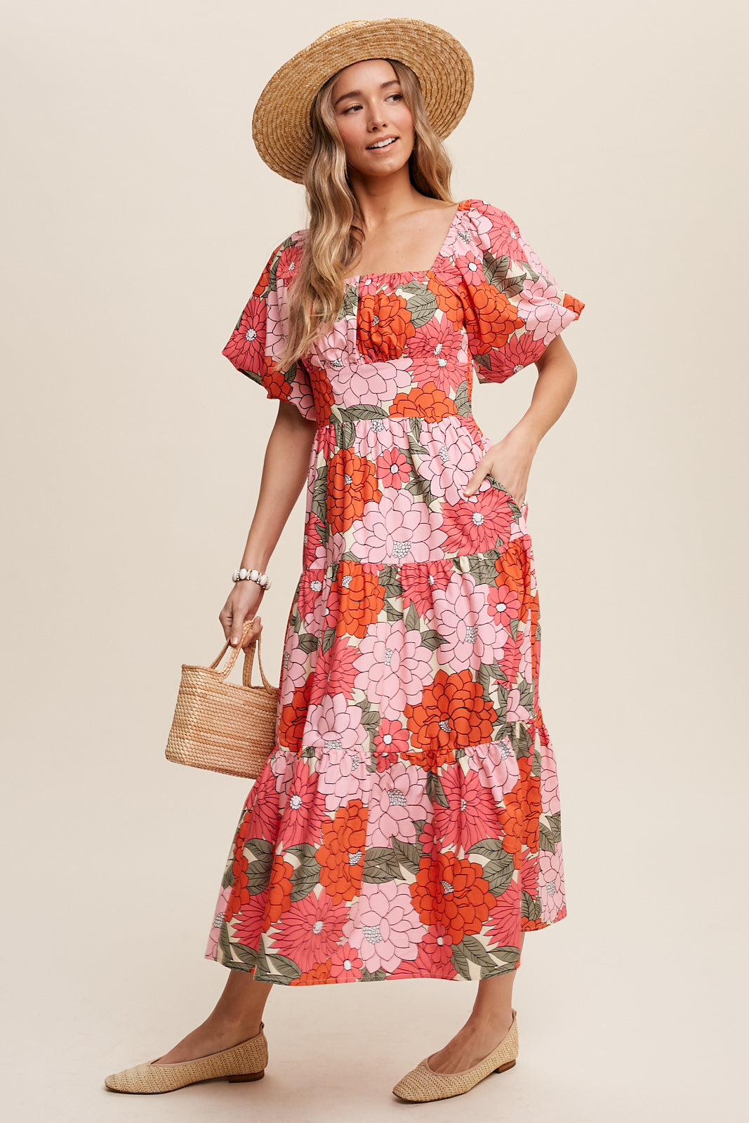 Flower Print Puff Sleeve Tiered Midi Dress