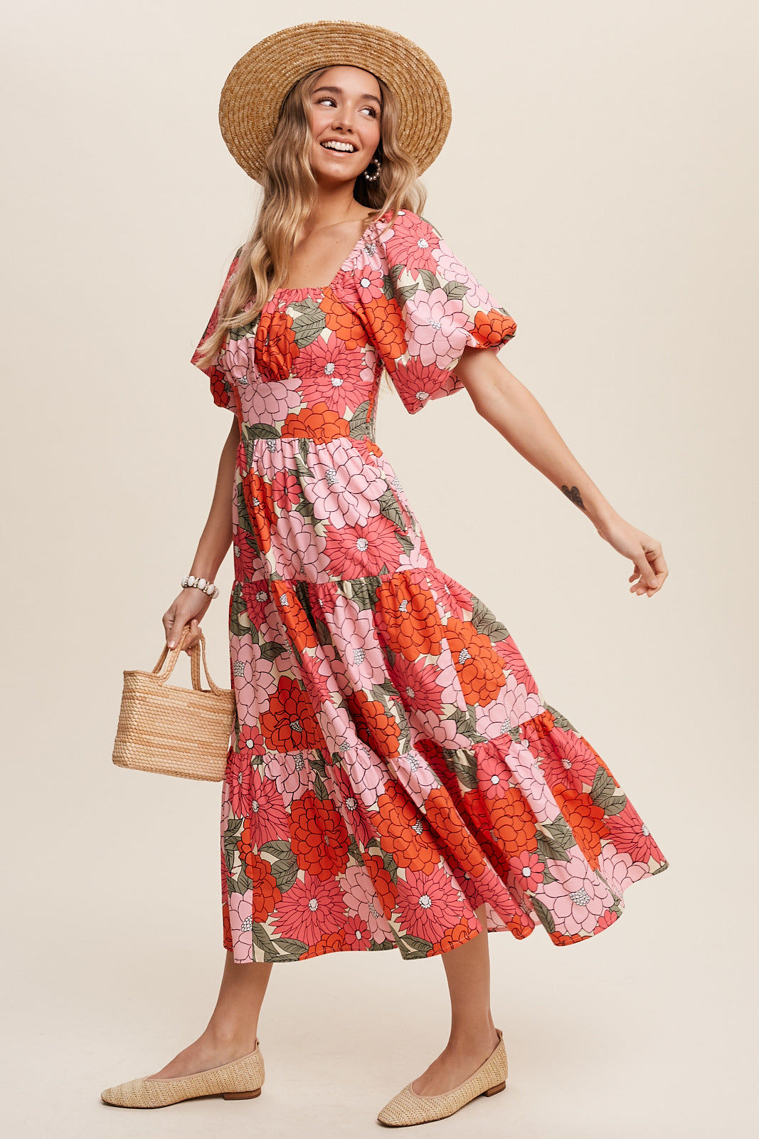 Flower Print Puff Sleeve Tiered Midi Dress