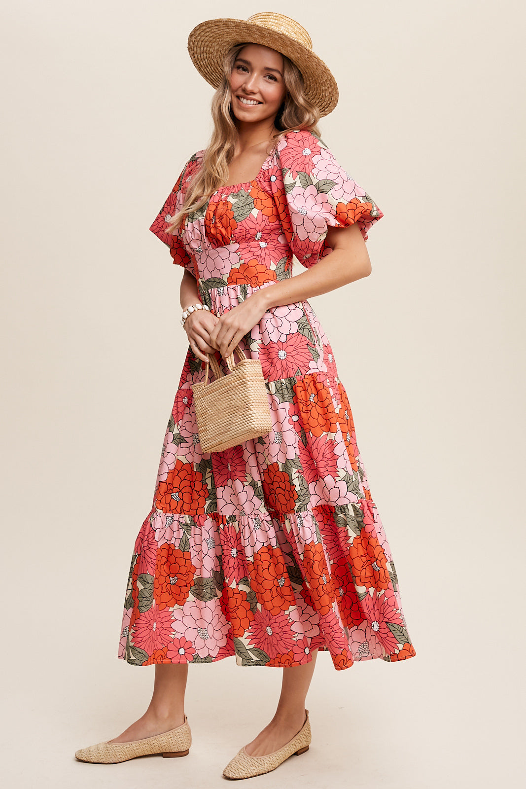 Flower Print Puff Sleeve Tiered Midi Dress