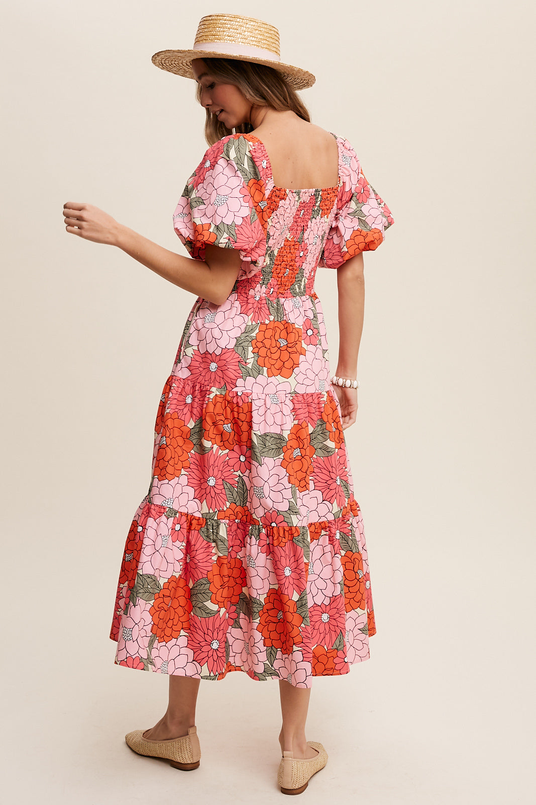 Flower Print Puff Sleeve Tiered Midi Dress