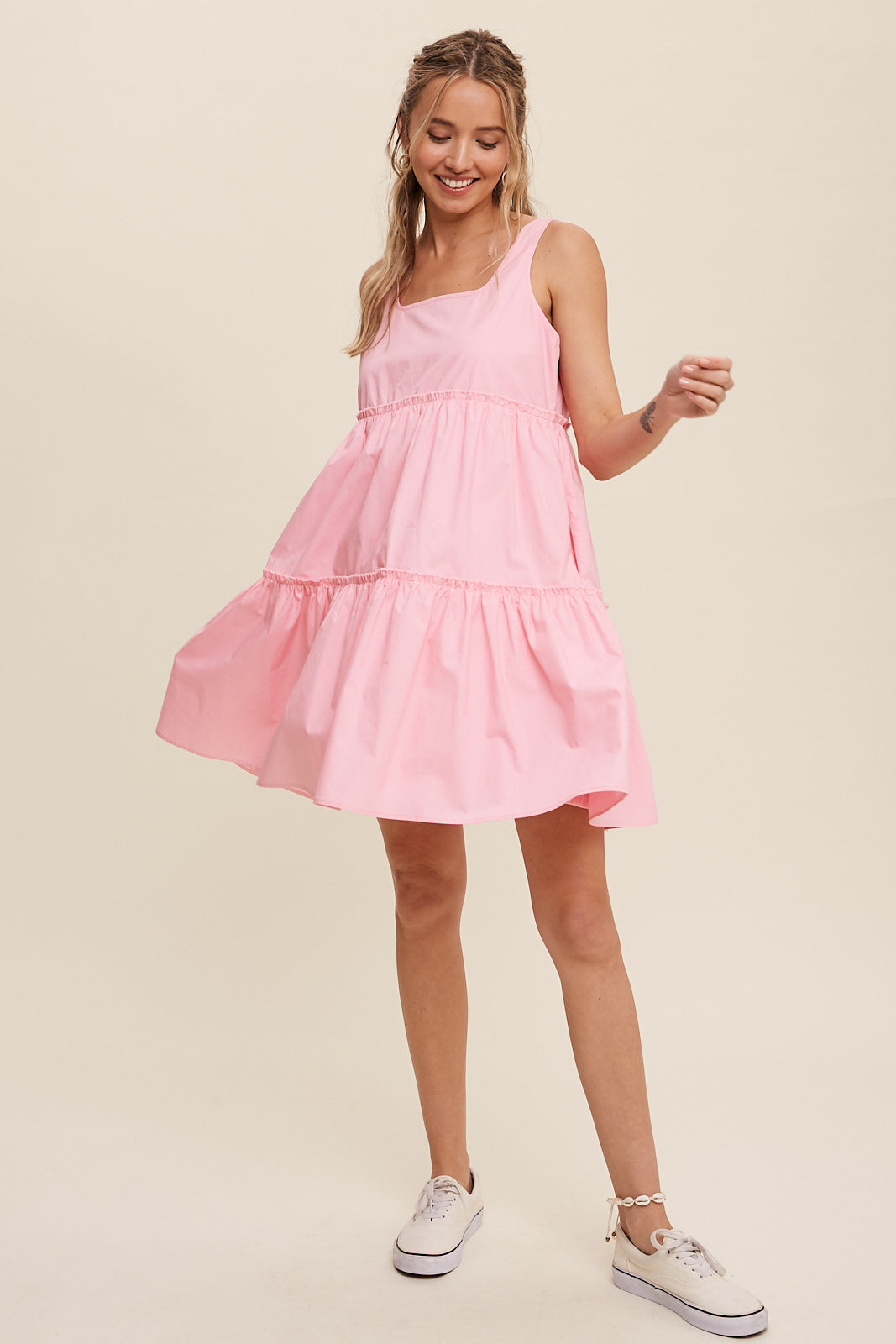 Tiered Square Neck Poplin Dress