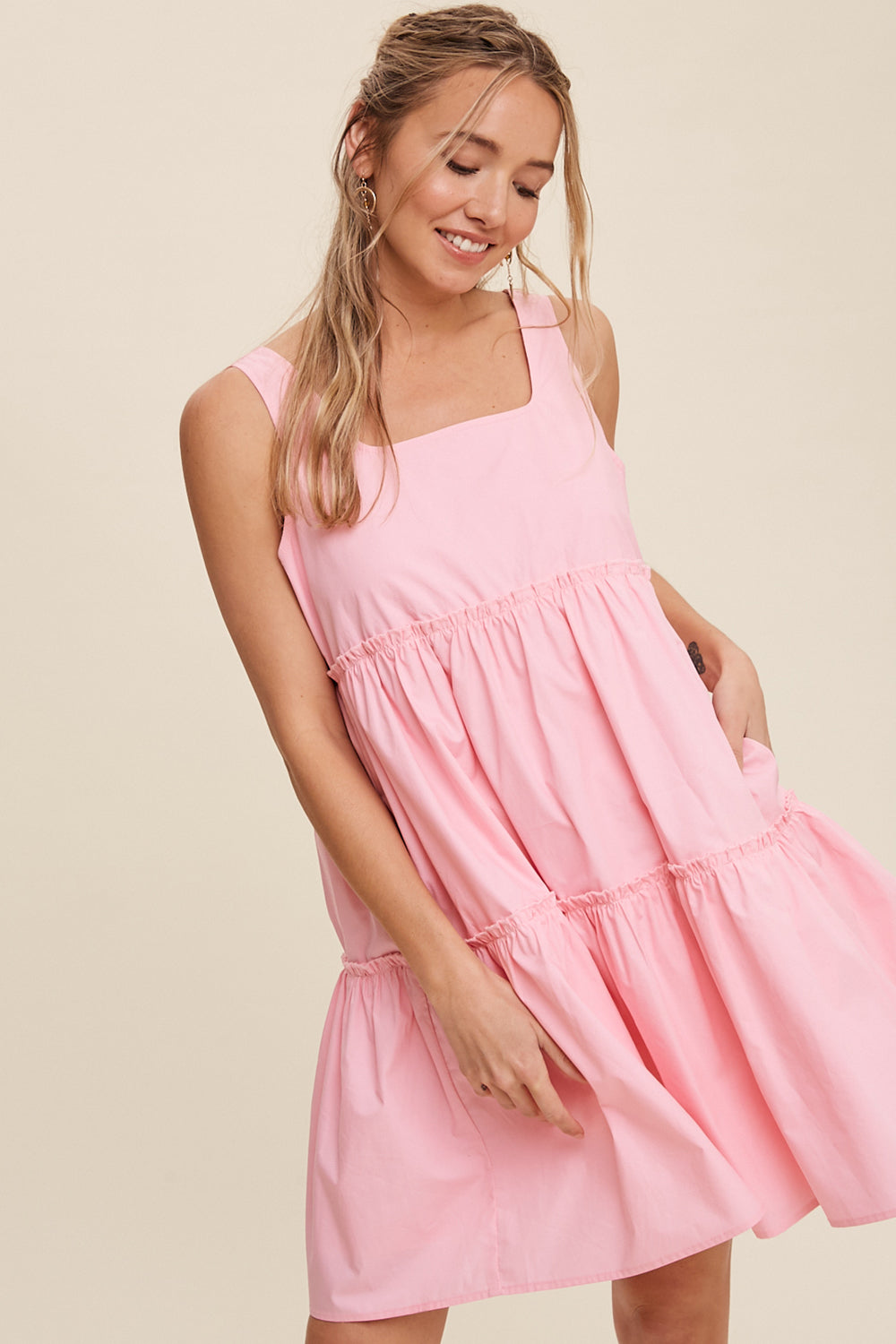 Tiered Square Neck Poplin Dress