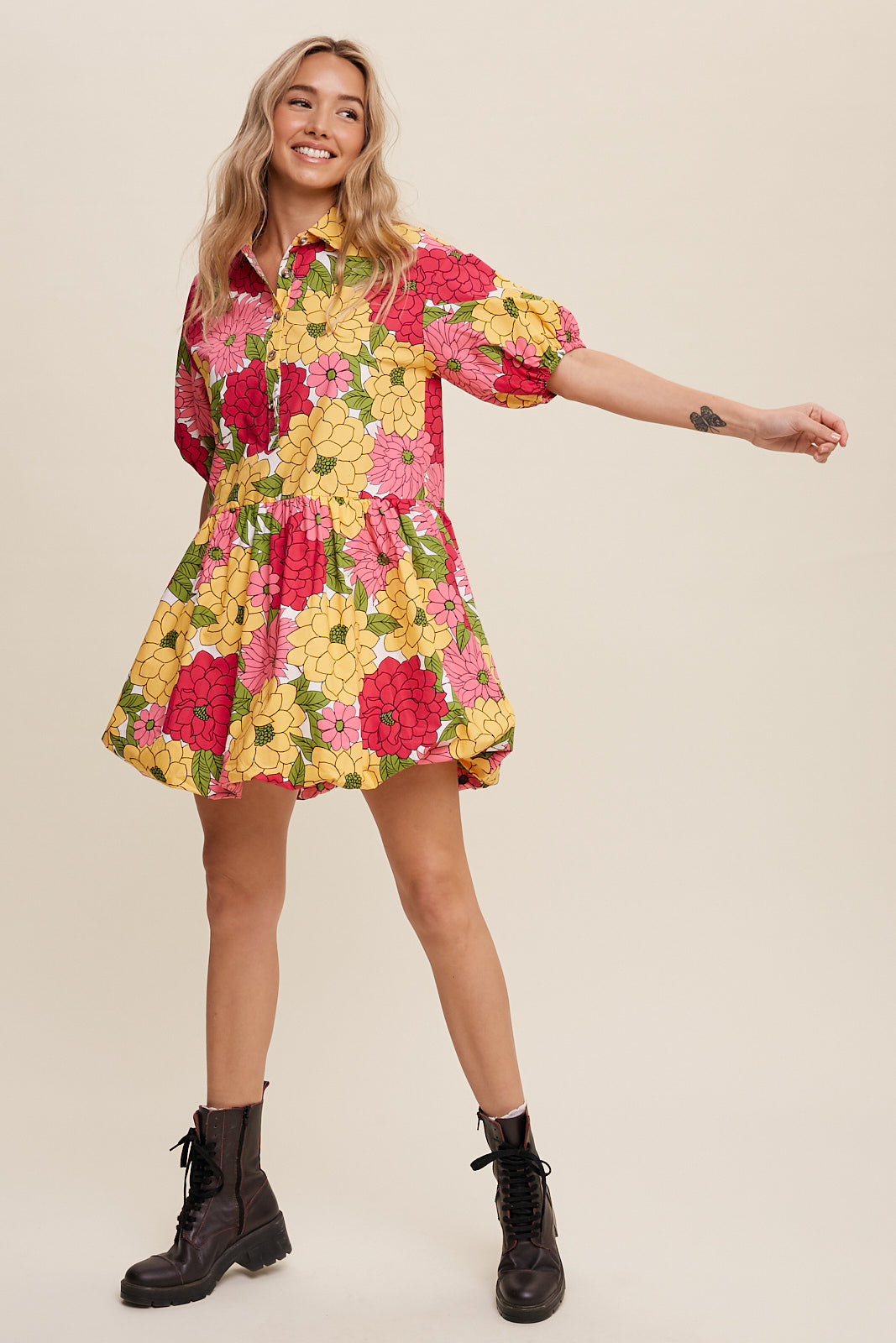 Flower Print Button Front Bubble Mini Dress
