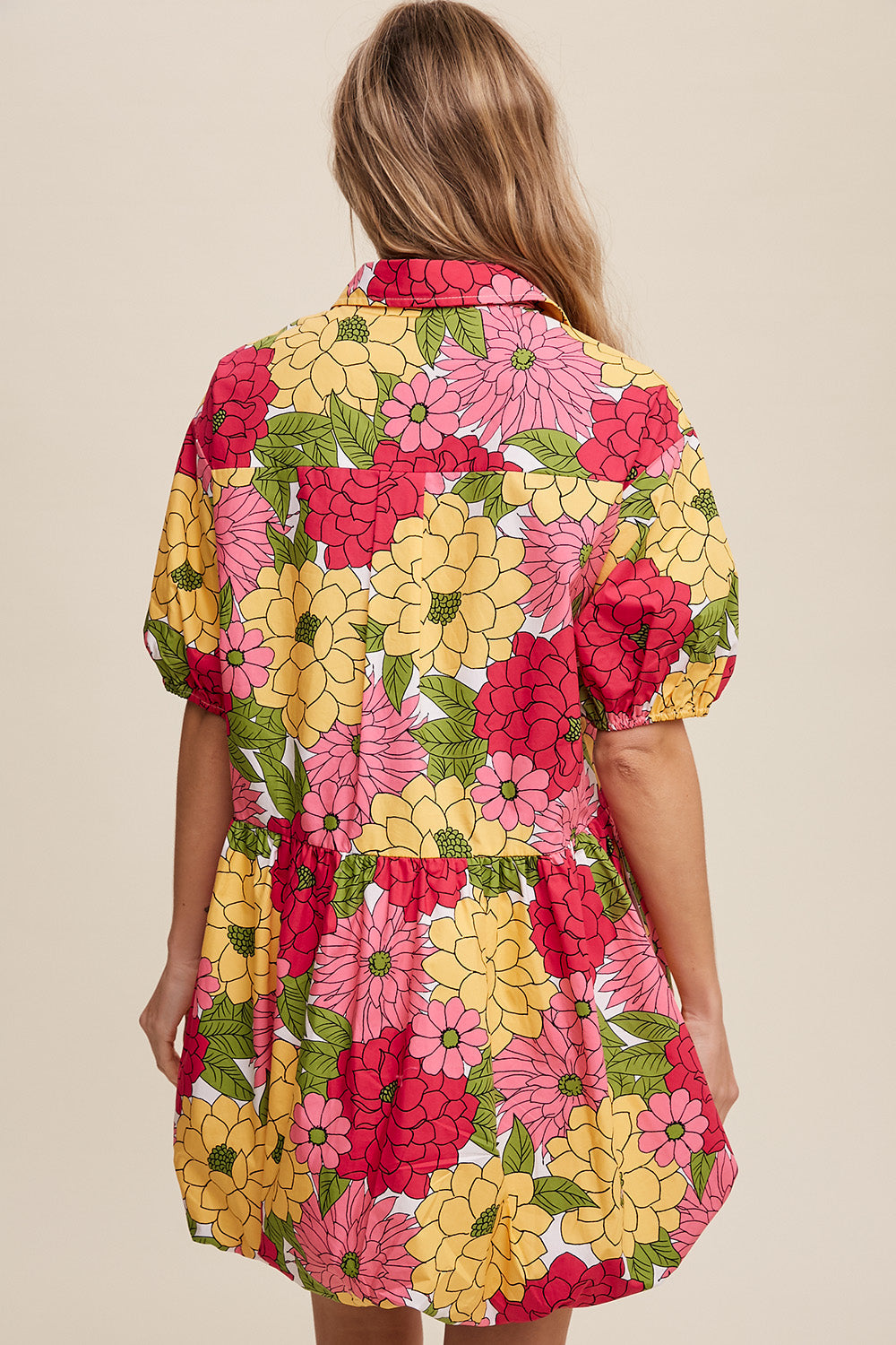 Flower Print Button Front Bubble Mini Dress