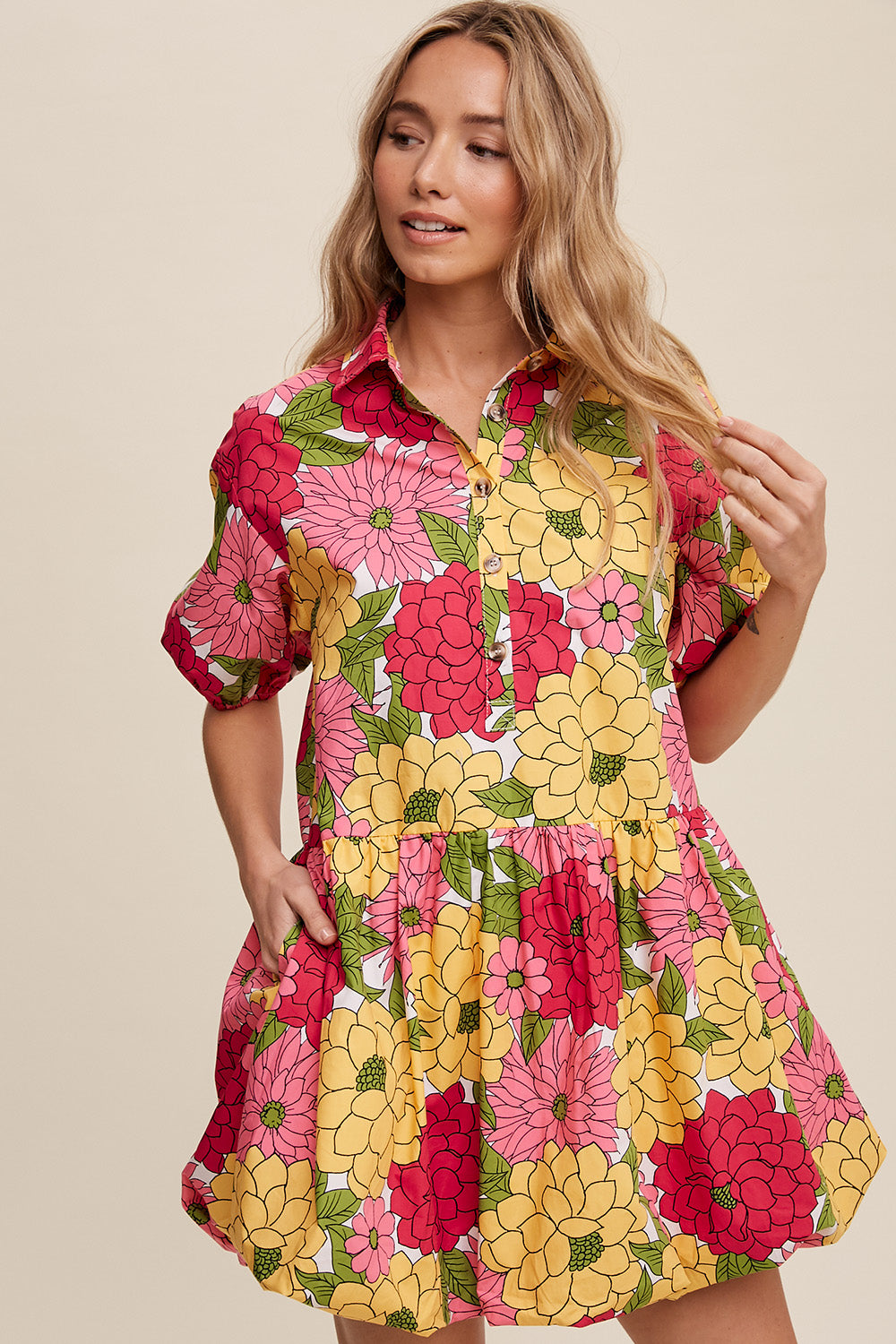 Flower Print Button Front Bubble Mini Dress