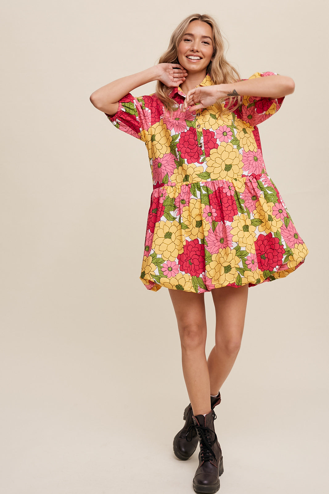 Flower Print Button Front Bubble Mini Dress