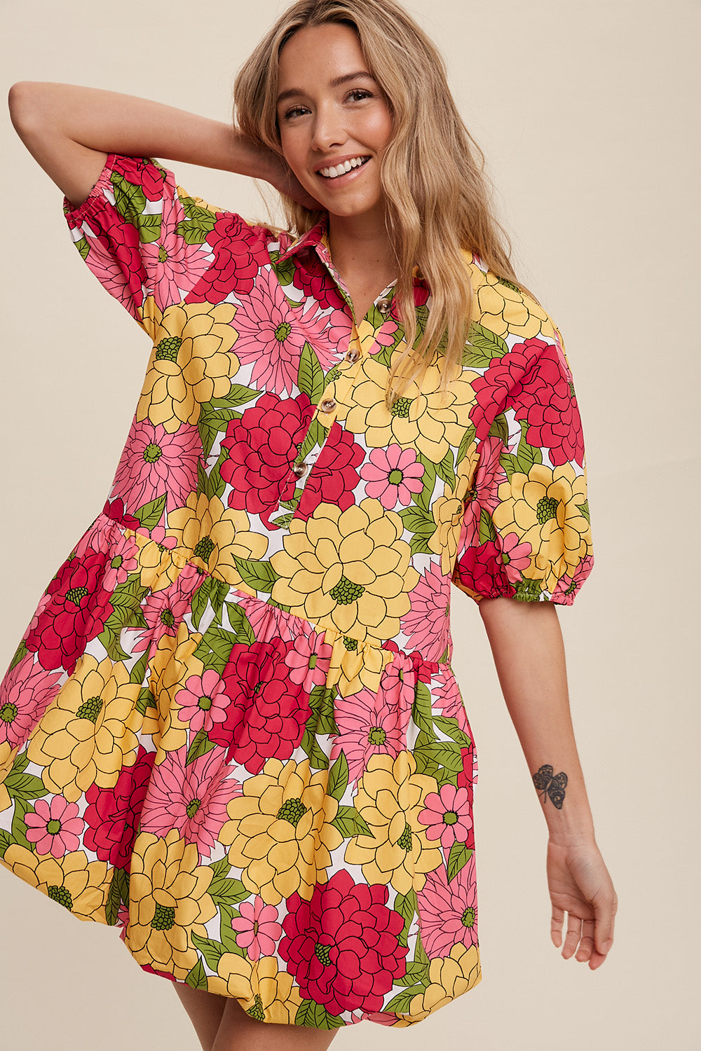 Flower Print Button Front Bubble Mini Dress