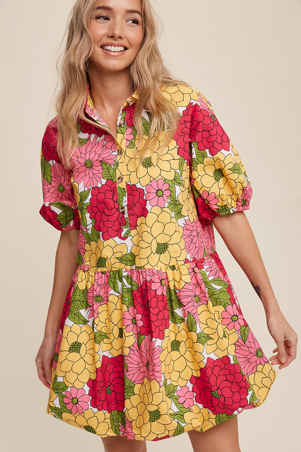 Flower Print Button Front Bubble Mini Dress