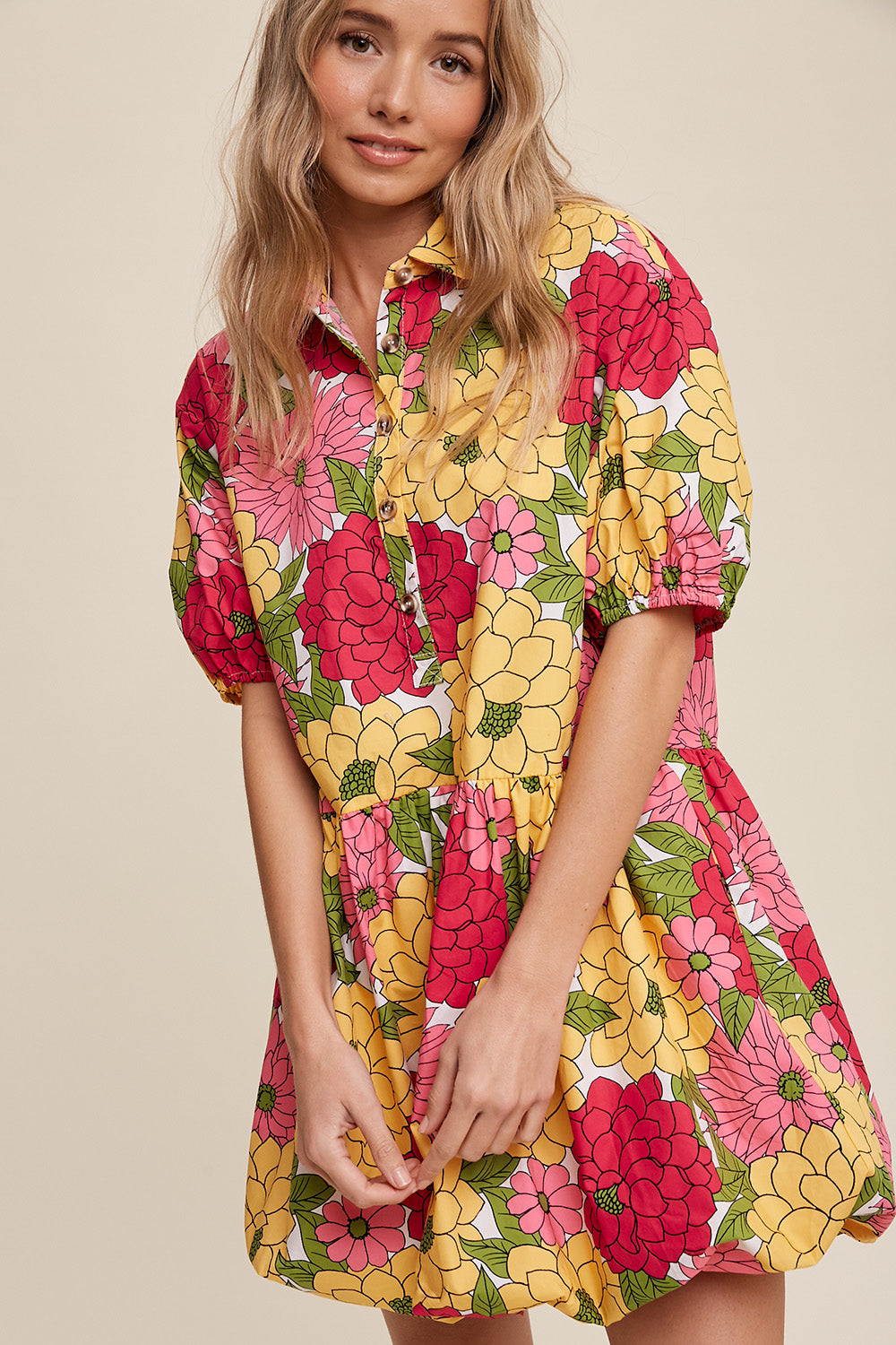 Flower Print Button Front Bubble Mini Dress