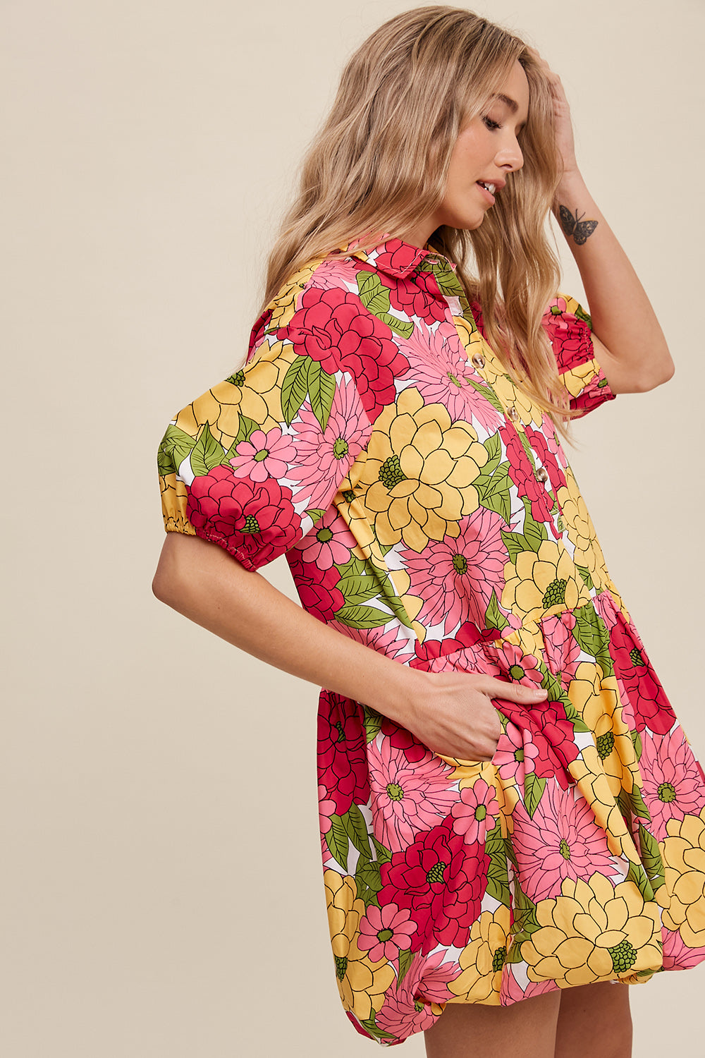 Flower Print Button Front Bubble Mini Dress