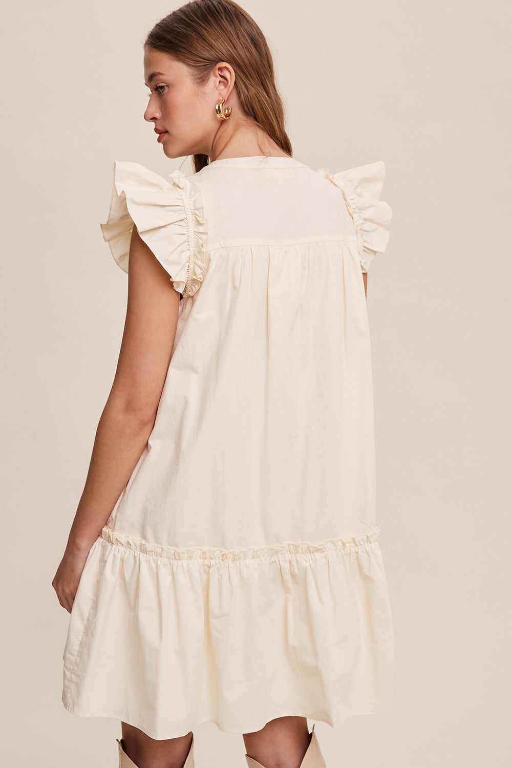 Button down Poplin Dress with Ruffle Sleeves