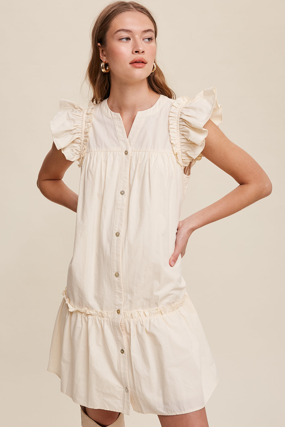 Button down Poplin Dress with Ruffle Sleeves