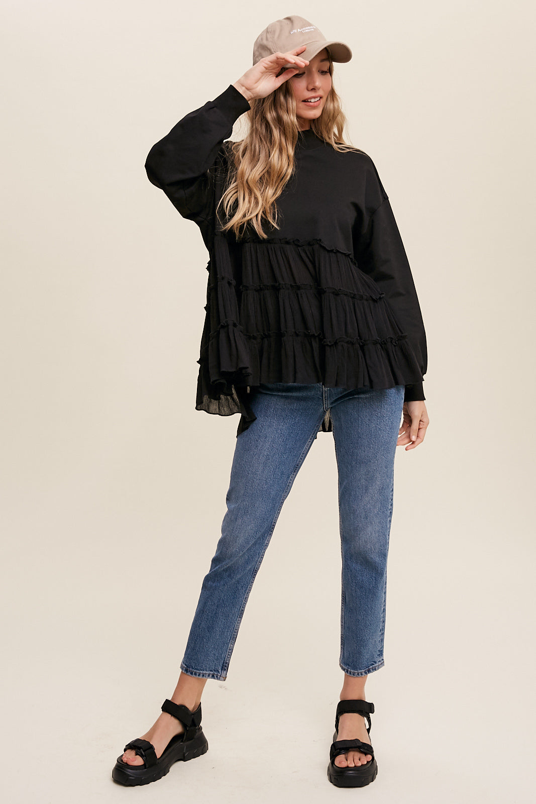 Crew Neck Sweat Top with Tiered Babydoll Contrast