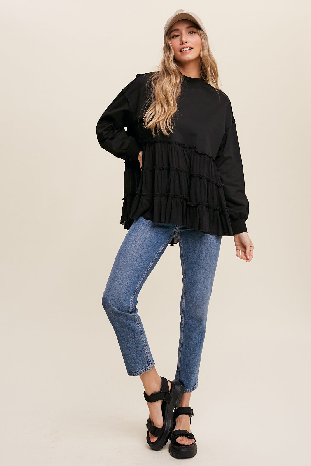 Crew Neck Sweat Top with Tiered Babydoll Contrast