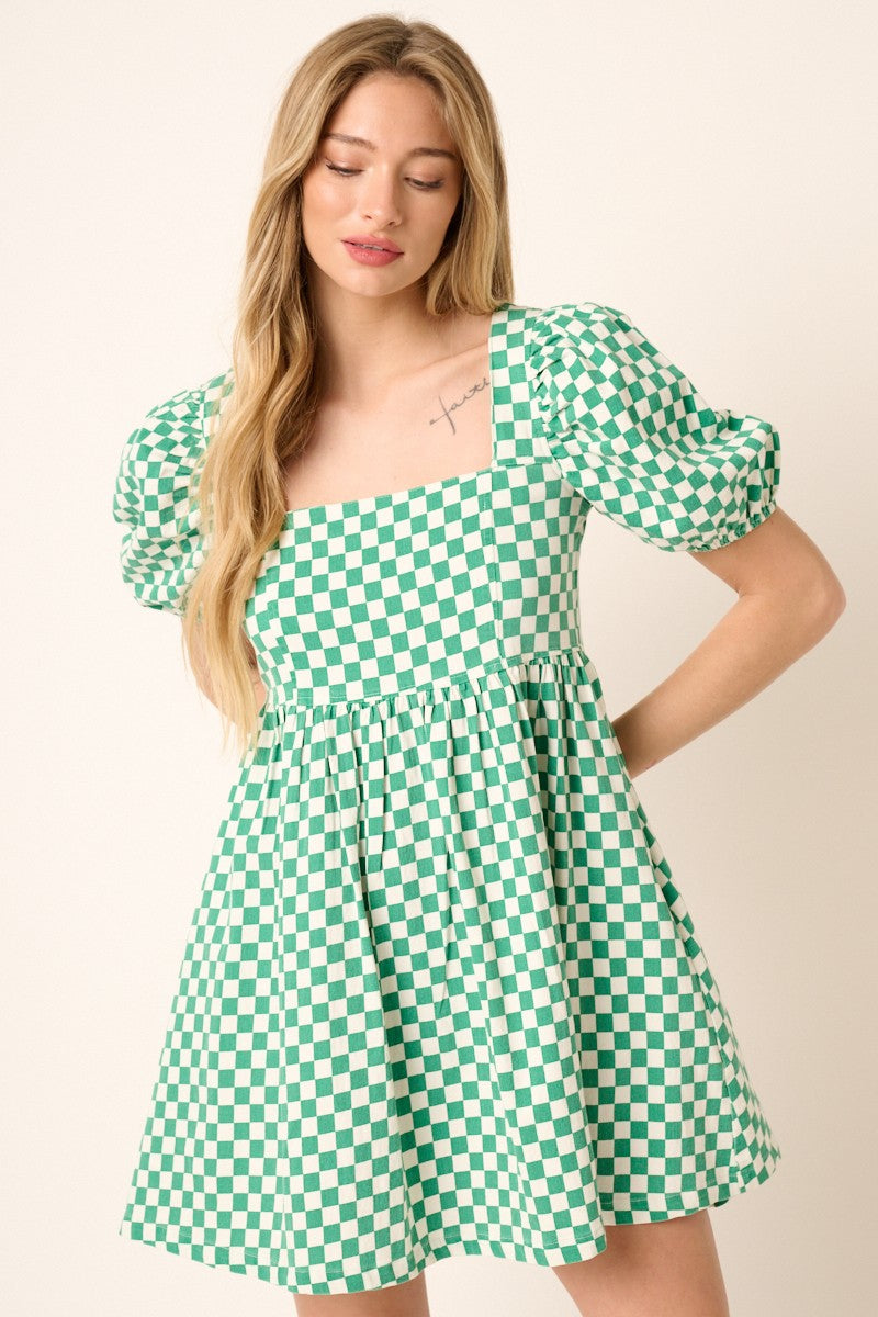 Checkered Print Puff Sleeve Babydoll Mini Dress