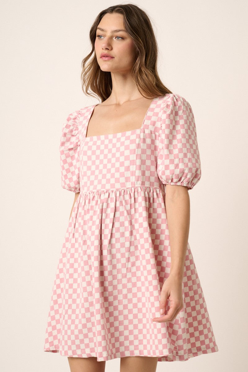 Checkered Print Puff Sleeve Babydoll Mini Dress